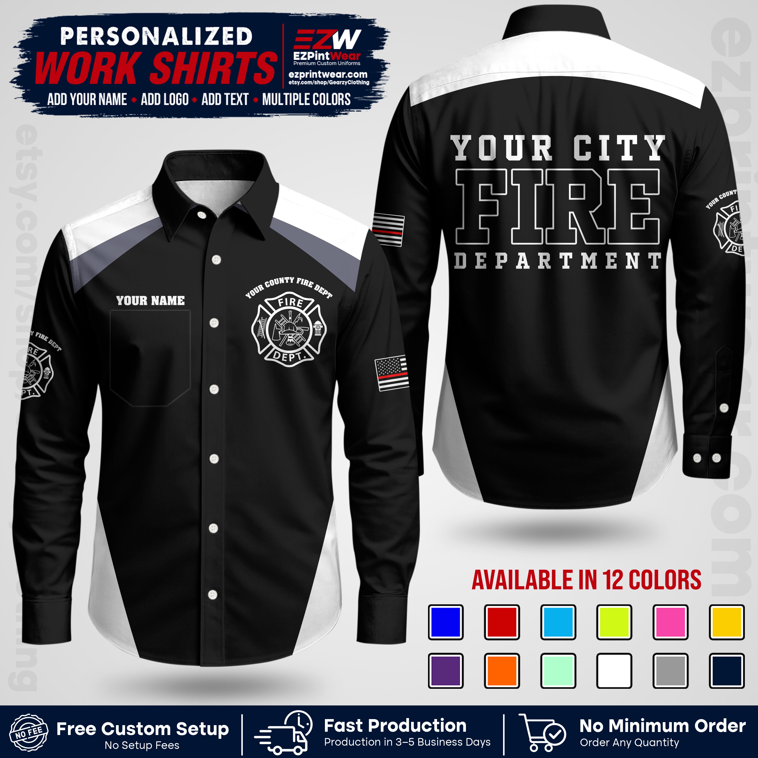 Custom Fire Department Shirt with Name, City Logo & Text | Firefighter Uniform | Button Up Work Shirt FF04