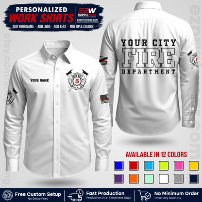 Custom Fire Department Shirt with Name, City Logo & Text | Firefighter Uniform | Button Up Work Shirt FF07