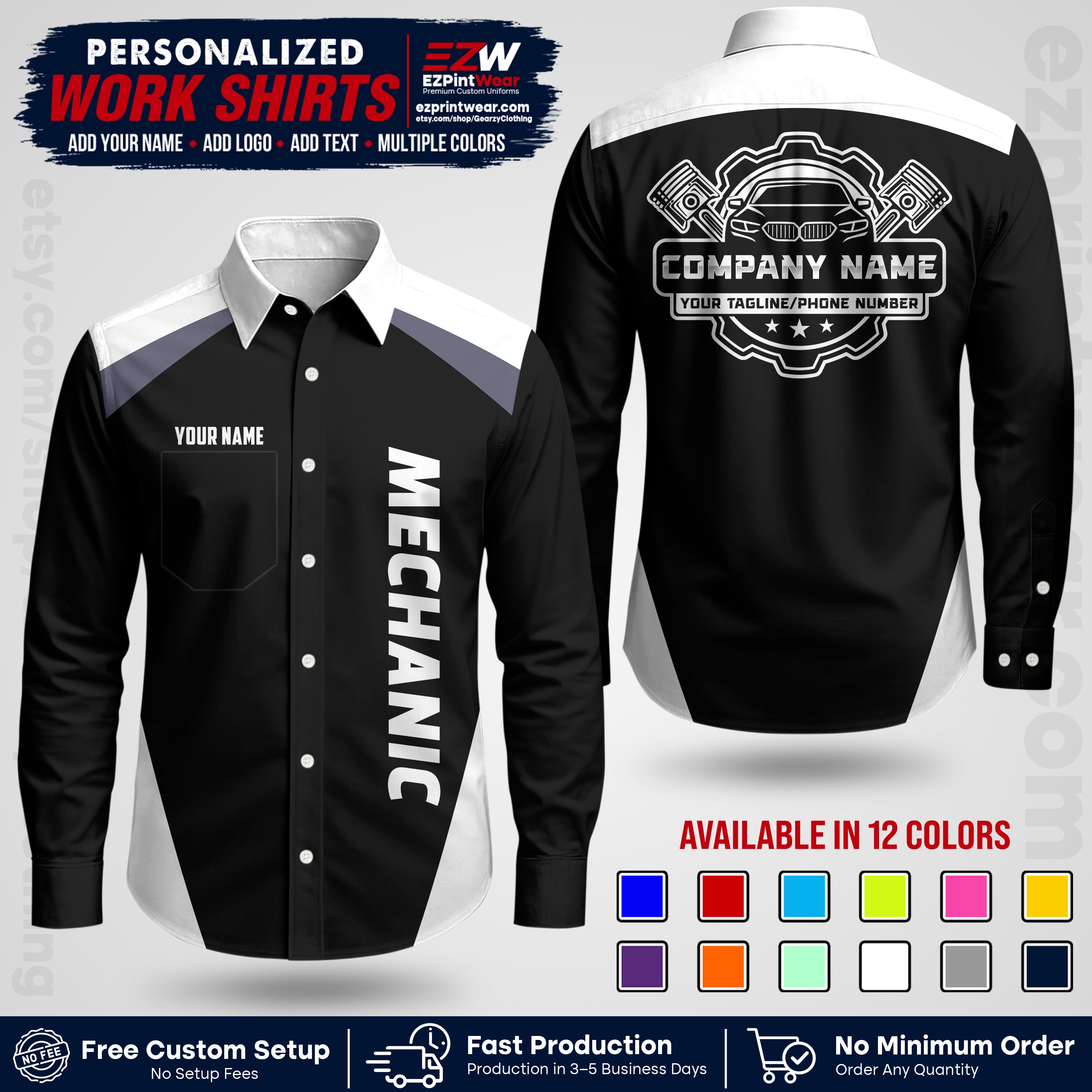 Custom Mechanic Work Shirt with Name, Logo & Text | Auto Shop Uniform | Workwear MCN 02