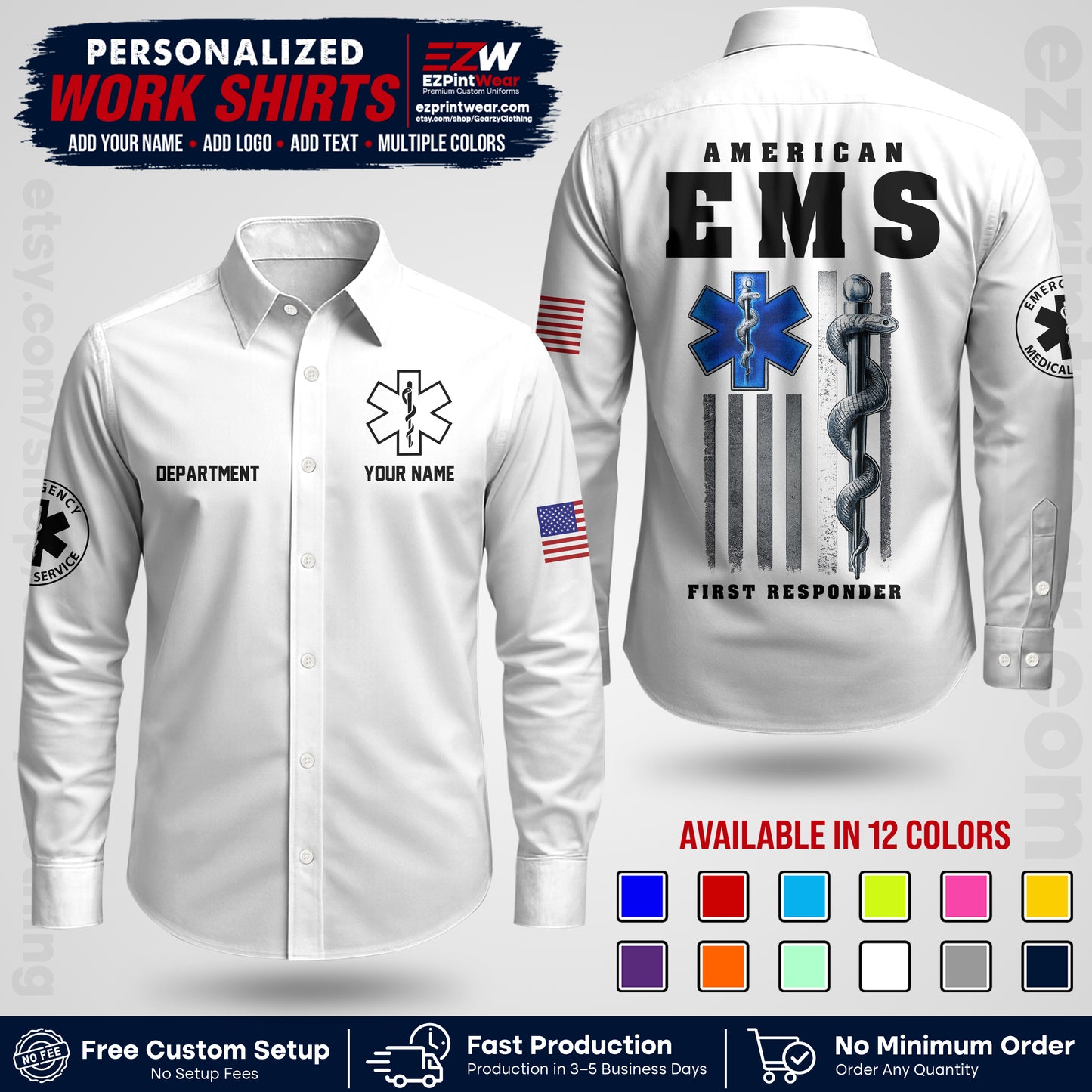 Custom EMS Shirt with Name, Logo & Text | EMS Team Uniform | First Responder Workwear EMSU03