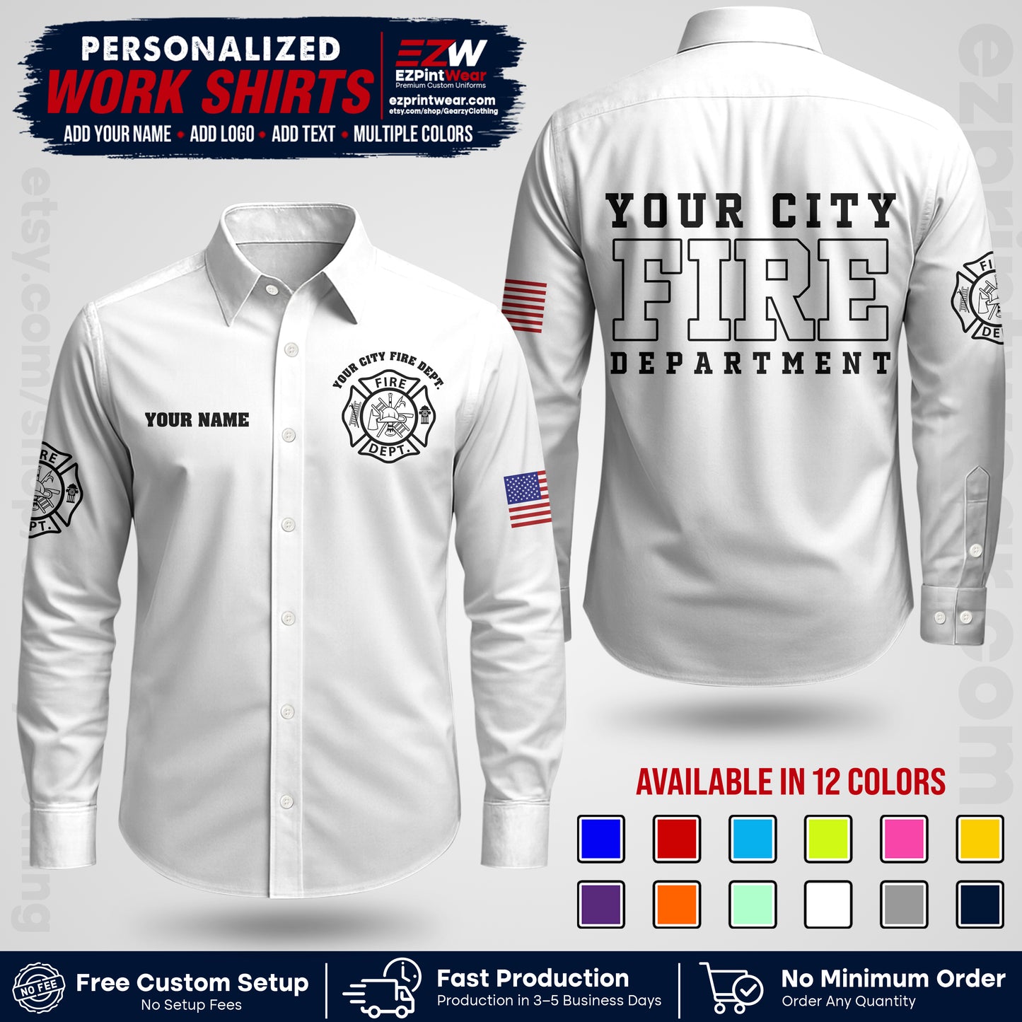 Custom Fire Department Shirt with Name, City Logo & Text | Firefighter Uniform | Button Up Work Shirt FF01