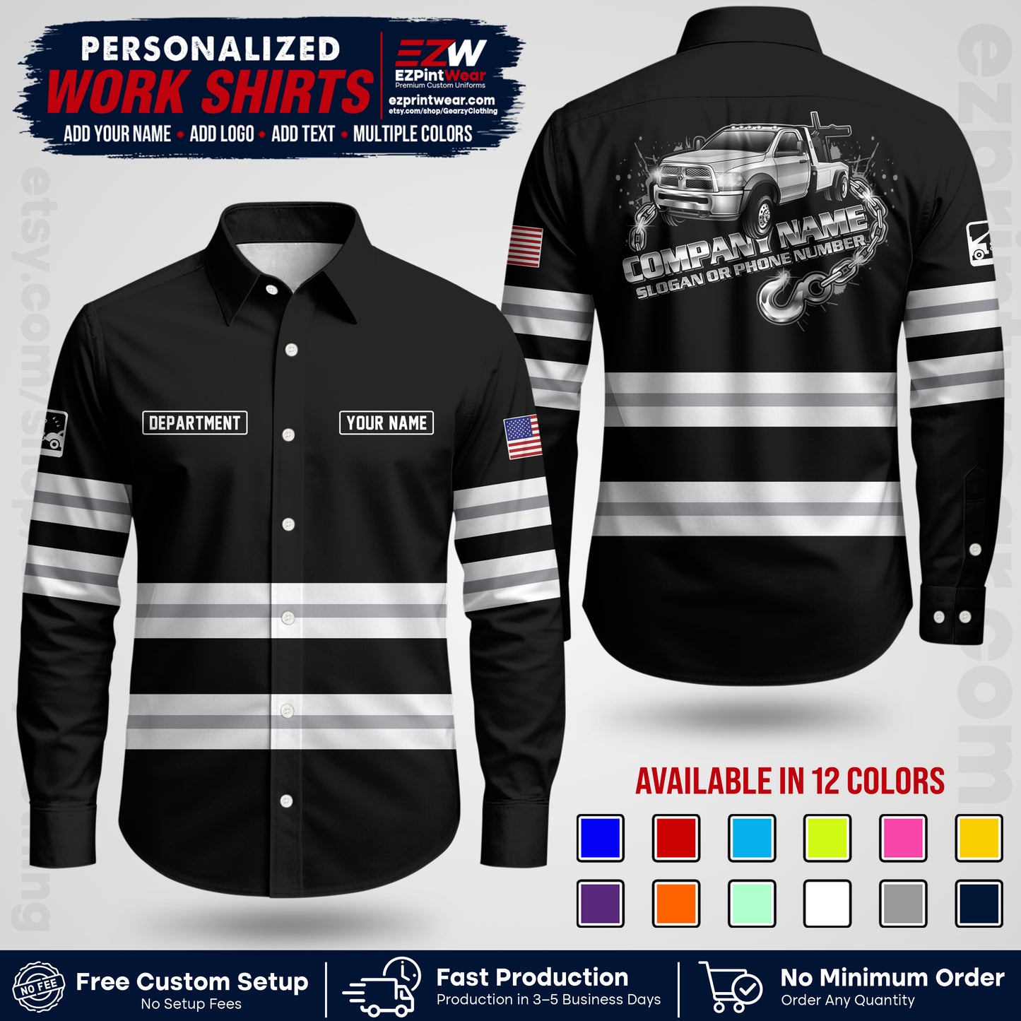 Custom Towing Workwear Uniform | Personalized Tow Truck Shirt | Non-Reflective Safety Stripe Apparel | Custom Towing Shirt | Tow Truck Apparel TW05