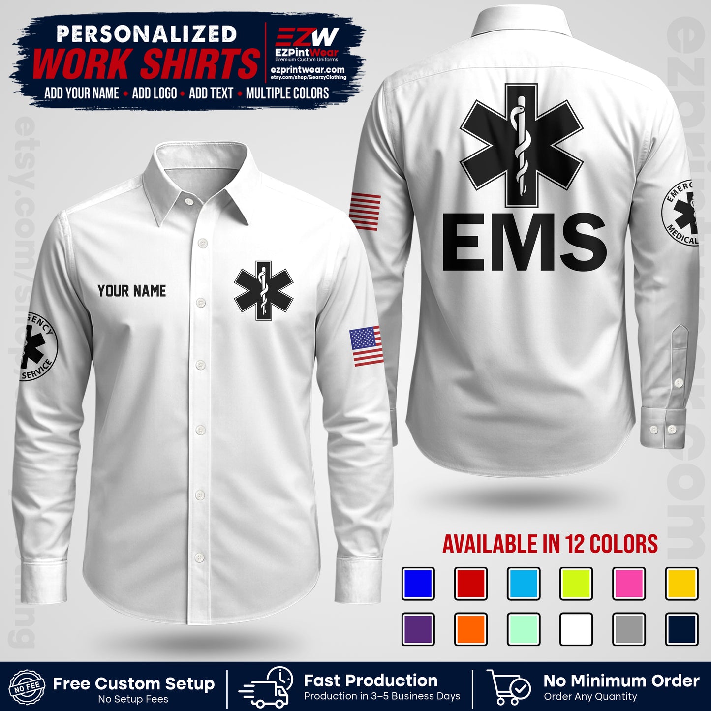 Custom EMS Shirt with Name, Logo & Text | EMS Team Uniform | First Responder Workwear EMSU02