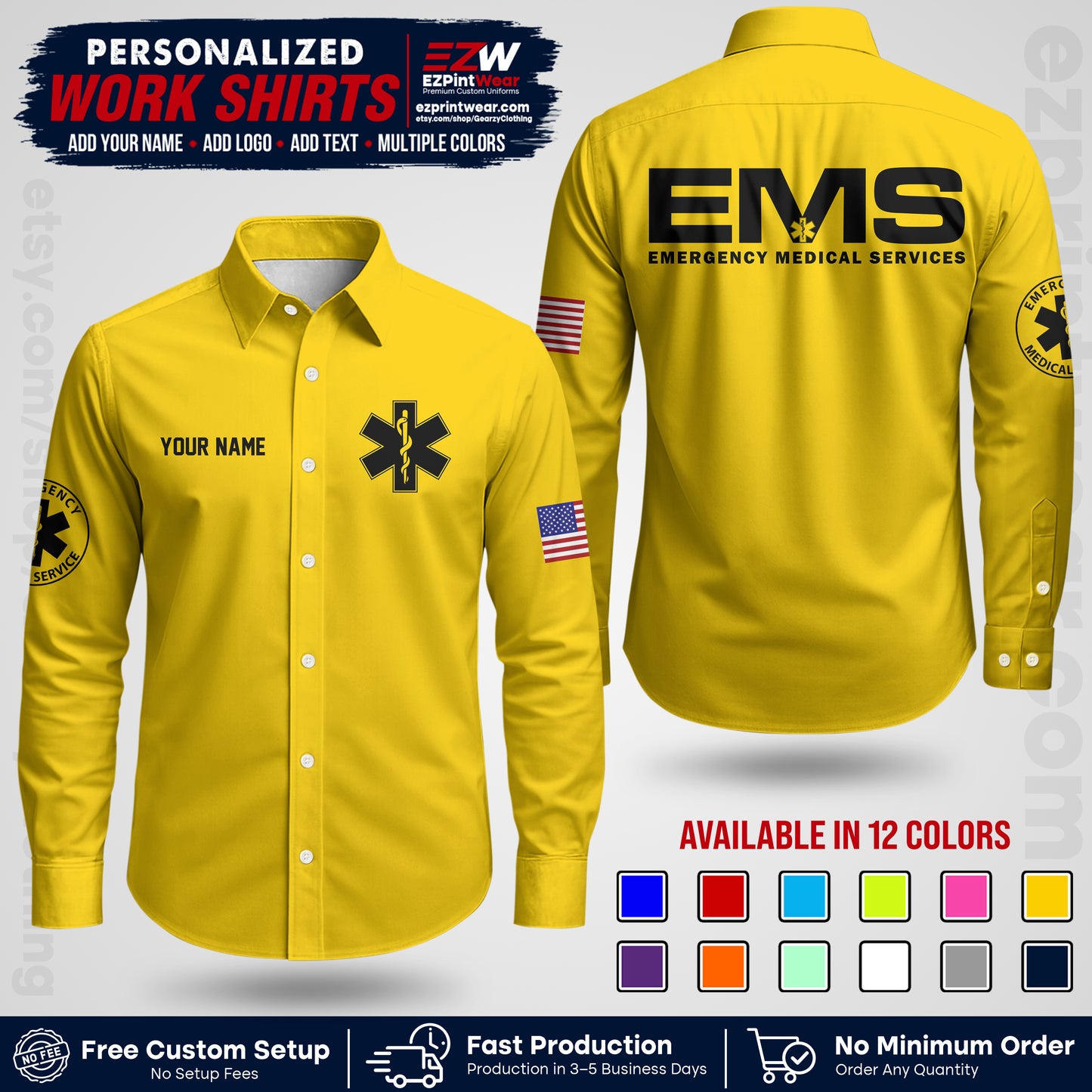 Custom EMS Shirt with Name, Logo & Text | EMS Team Uniform | First Responder Workwear EMSU01