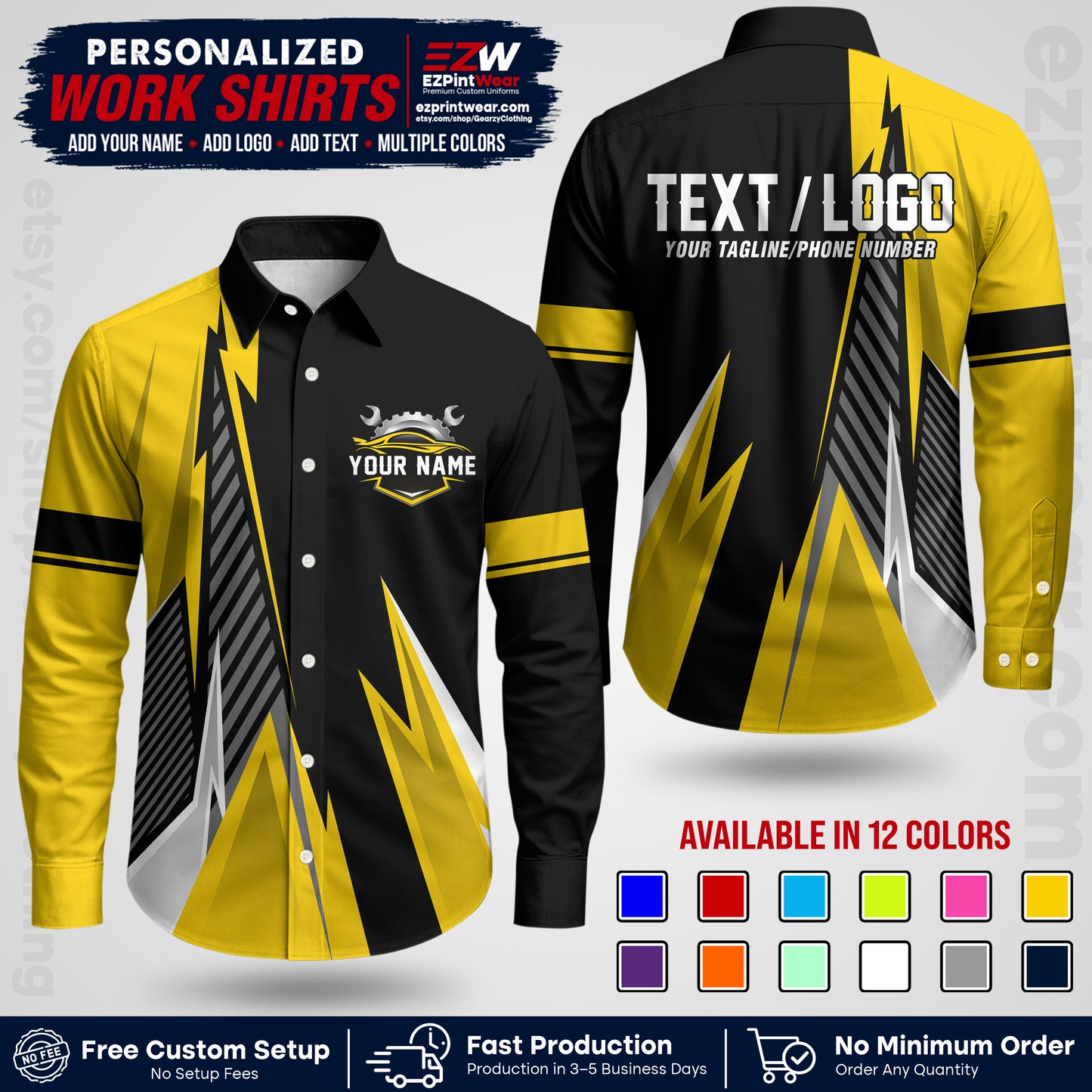 Custom Mechanic Work Shirt with Name, Logo & Text | Auto Shop Uniform | Workwear MCN 01