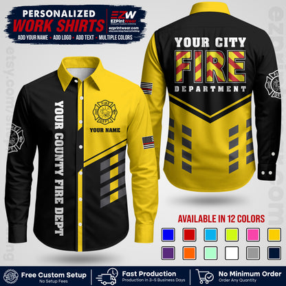 Custom Fire Department Shirt with Name, City Logo & Text | Firefighter Uniform | Button Up Work Shirt FF06