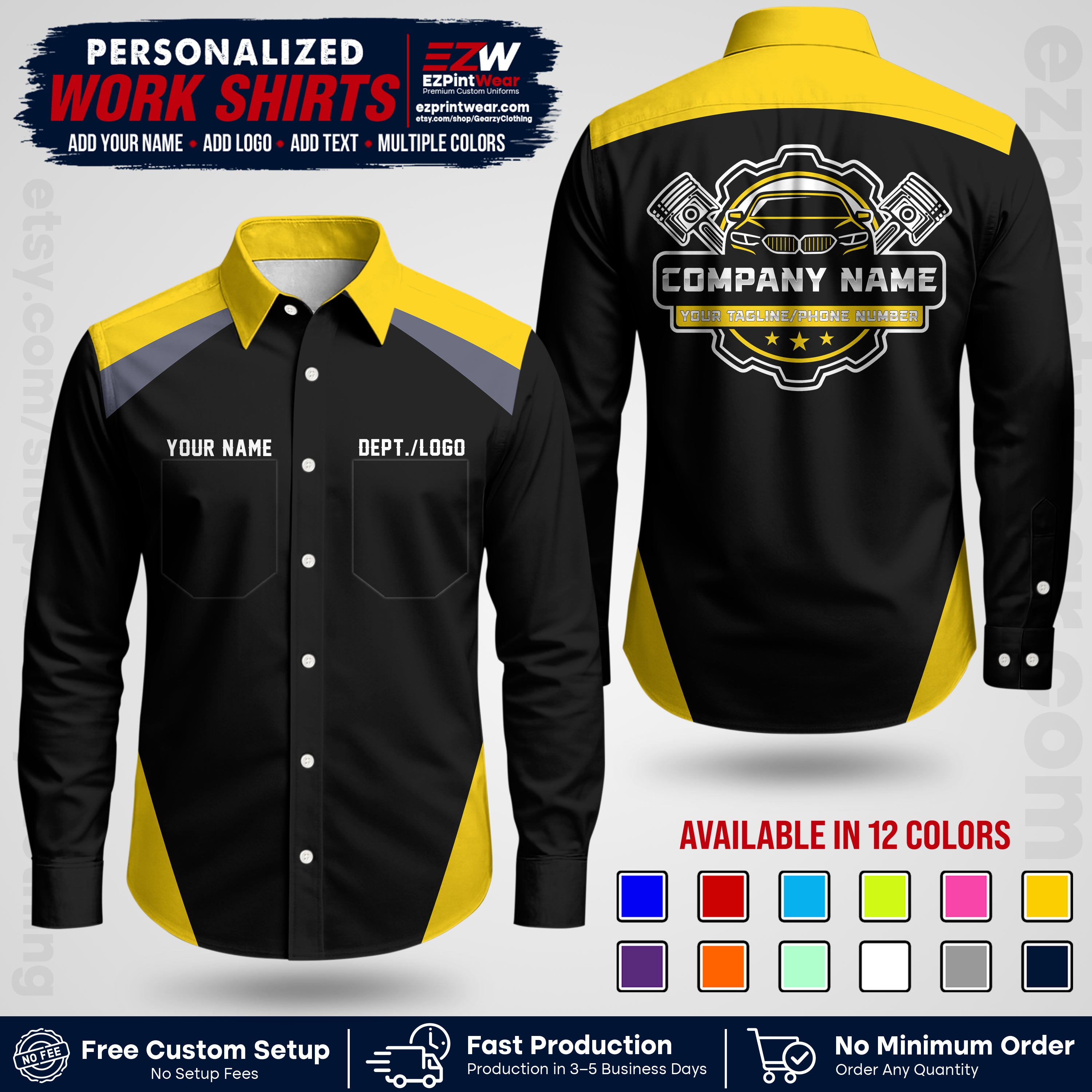 Custom Mechanic Work Shirt with Name, Logo & Text | Auto Shop Uniform | Workwear MCN 03