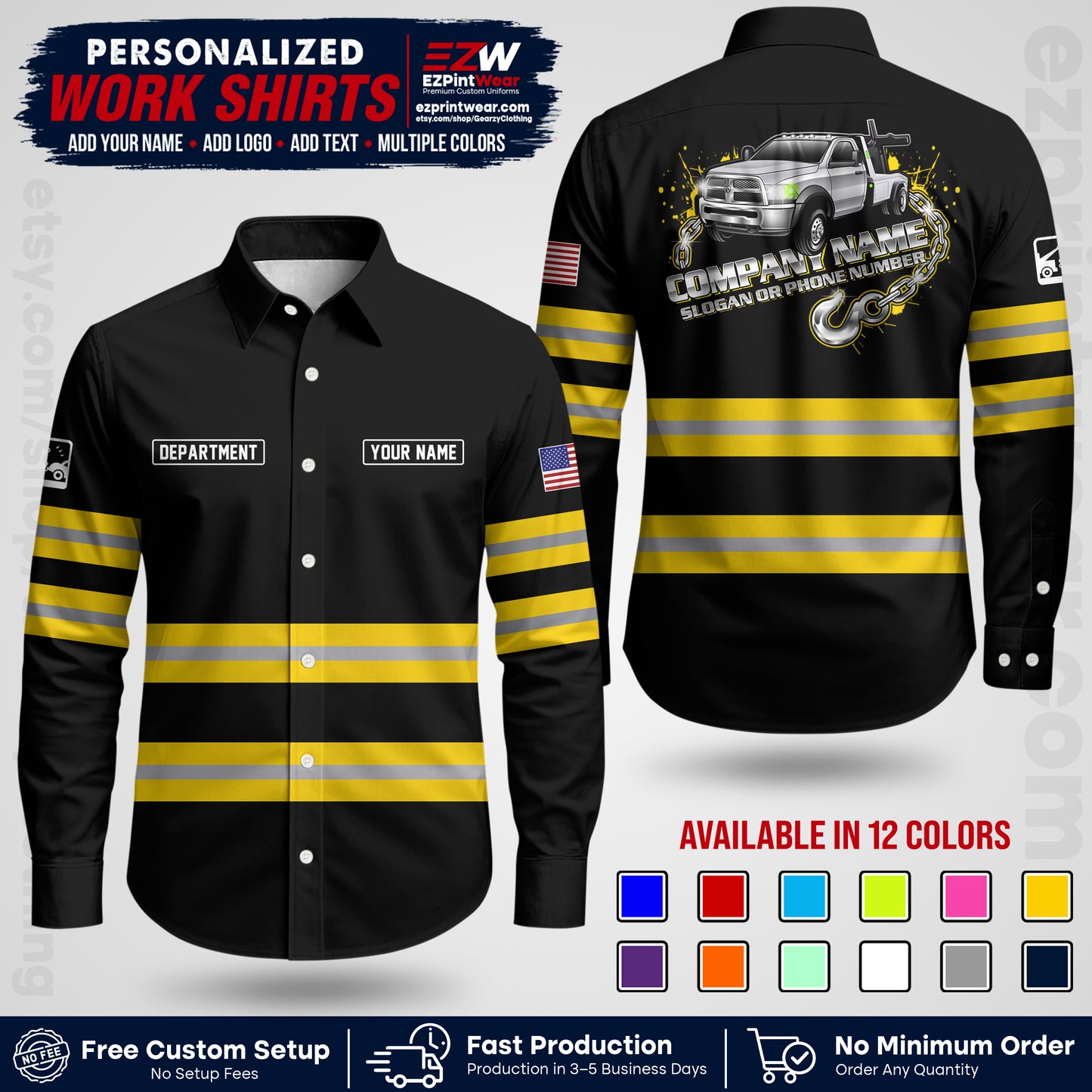 Custom Towing Workwear Uniform | Personalized Tow Truck Shirt | Non-Reflective Safety Stripe Apparel | Custom Towing Shirt | Tow Truck Apparel TW05