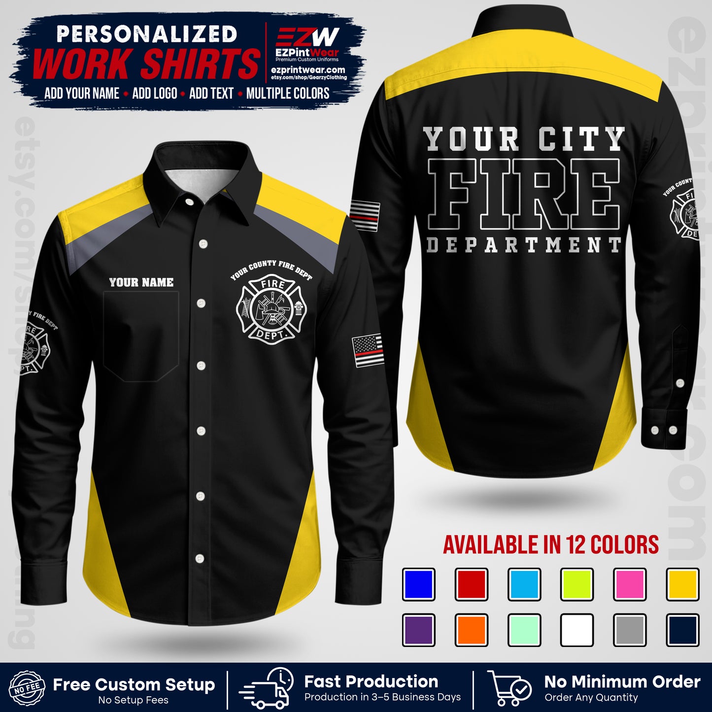 Custom Fire Department Shirt with Name, City Logo & Text | Firefighter Uniform | Button Up Work Shirt FF04