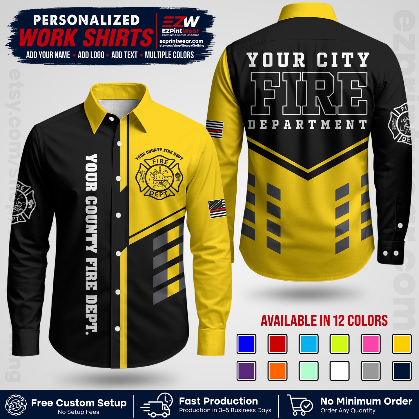 Custom Fire Department Shirt with Name, City Logo & Text | Firefighter Uniform | Button Up Work Shirt FF03