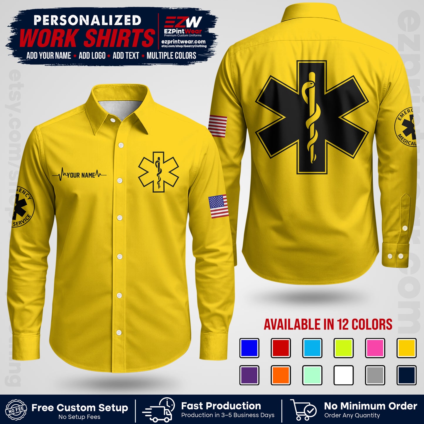 Custom EMS Shirt with Name, Logo & Text | EMS Team Uniform | First Responder Workwear EMSU04