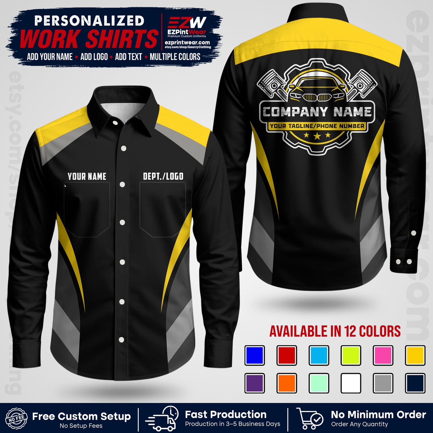 Custom Mechanic Work Shirt with Name, Logo & Text | Auto Shop Uniform | Workwear MCN 05