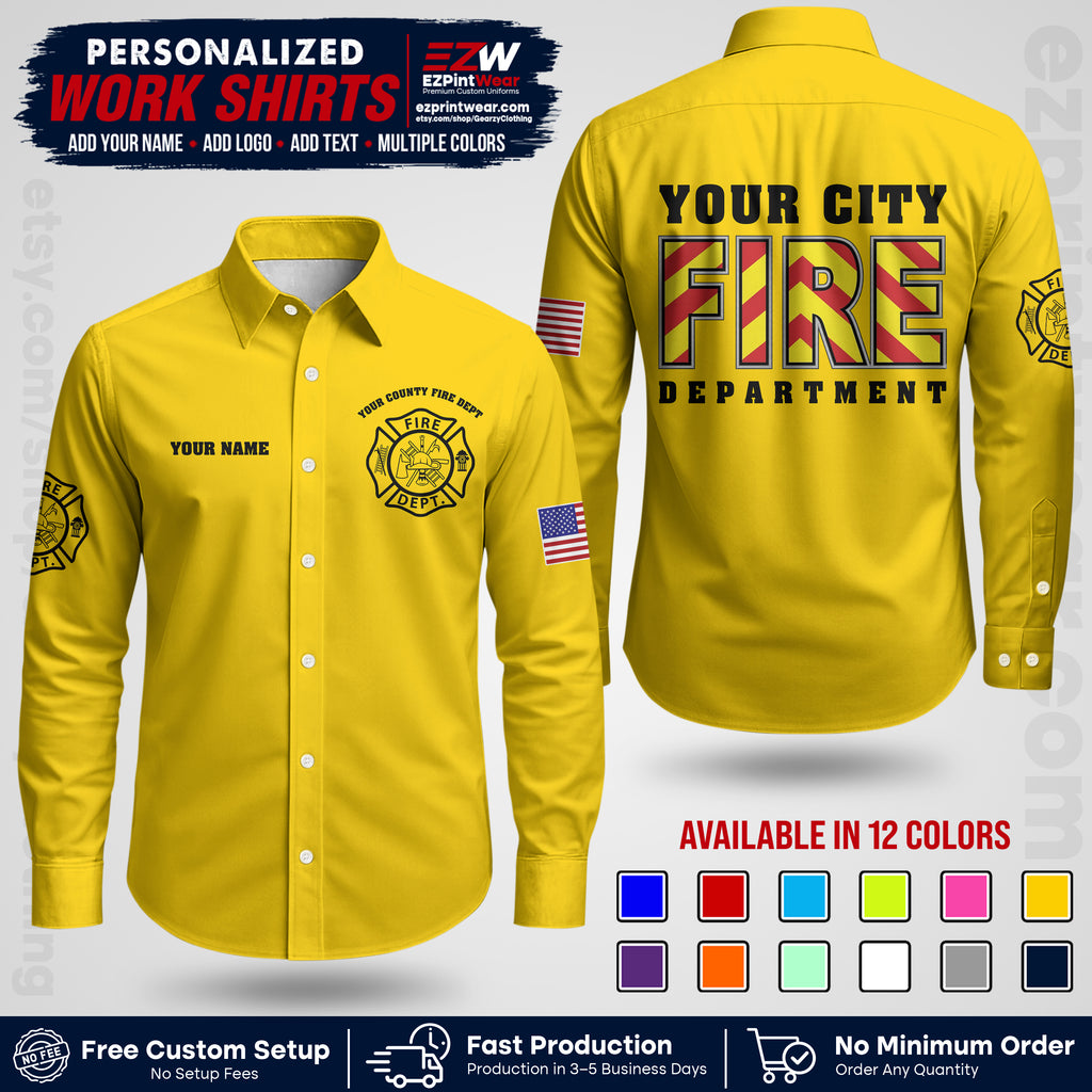 Custom Fire Department Shirt with Name, City Logo & Text | Firefighter Uniform | Button Up Work Shirt FF05