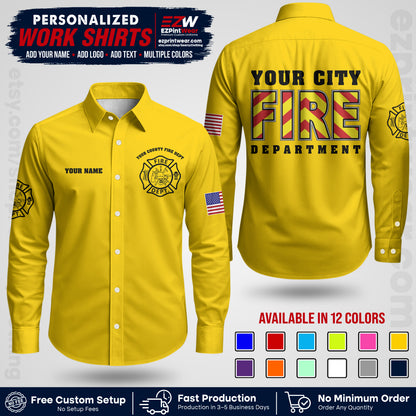 Custom Fire Department Shirt with Name, City Logo & Text | Firefighter Uniform | Button Up Work Shirt FF05