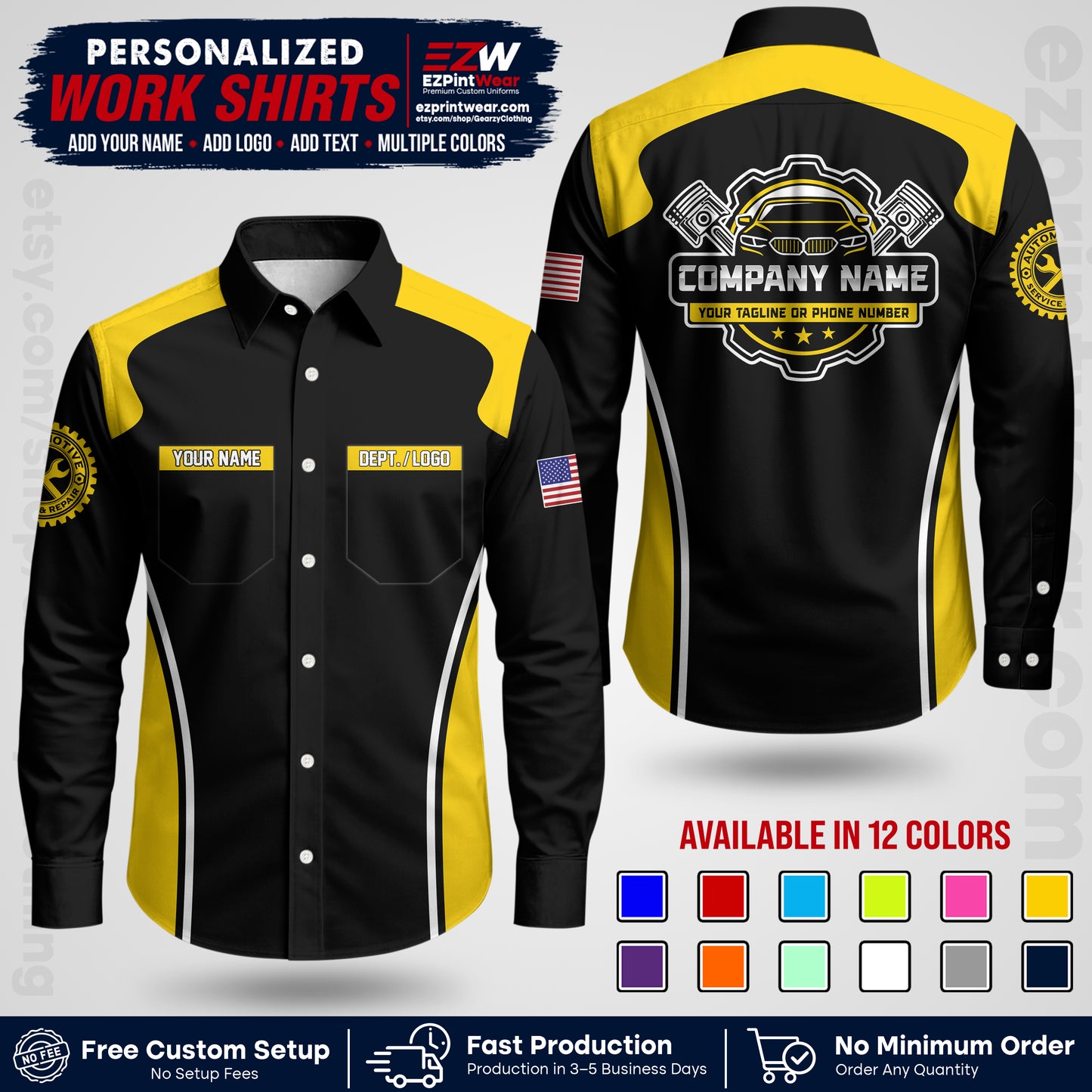 Custom Mechanic Work Shirt with Name, Logo & Text | Auto Shop Uniform | Workwear MCN 10