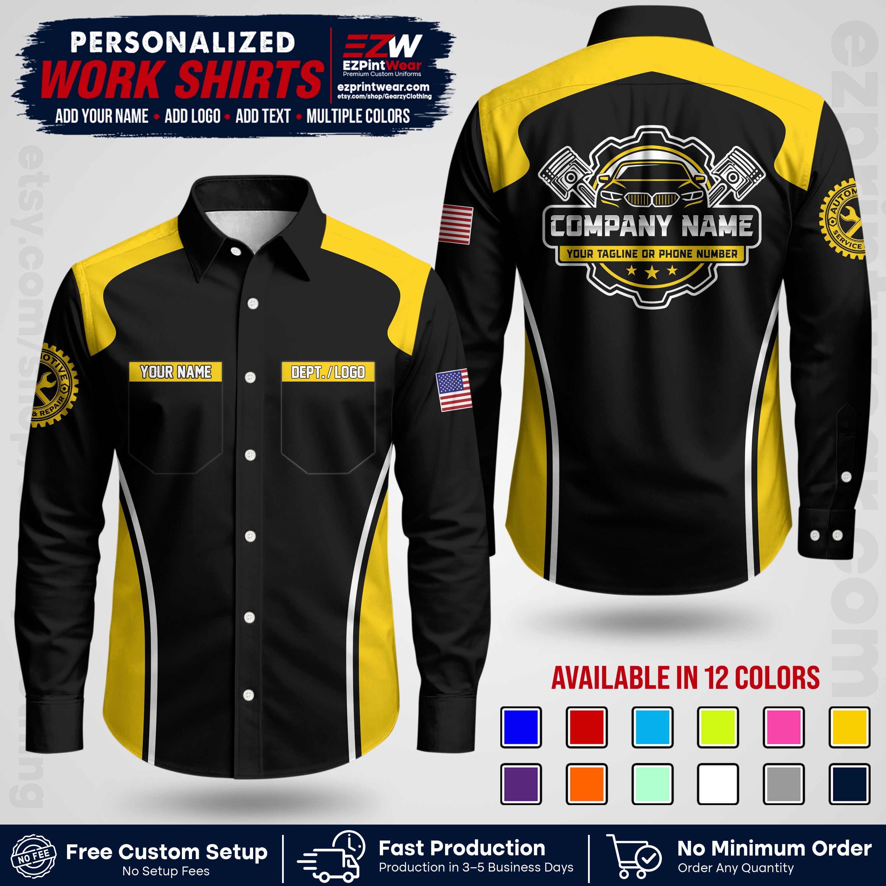 Custom Mechanic Work Shirt with Name, Logo & Text | Auto Shop Uniform | Workwear MCN 10