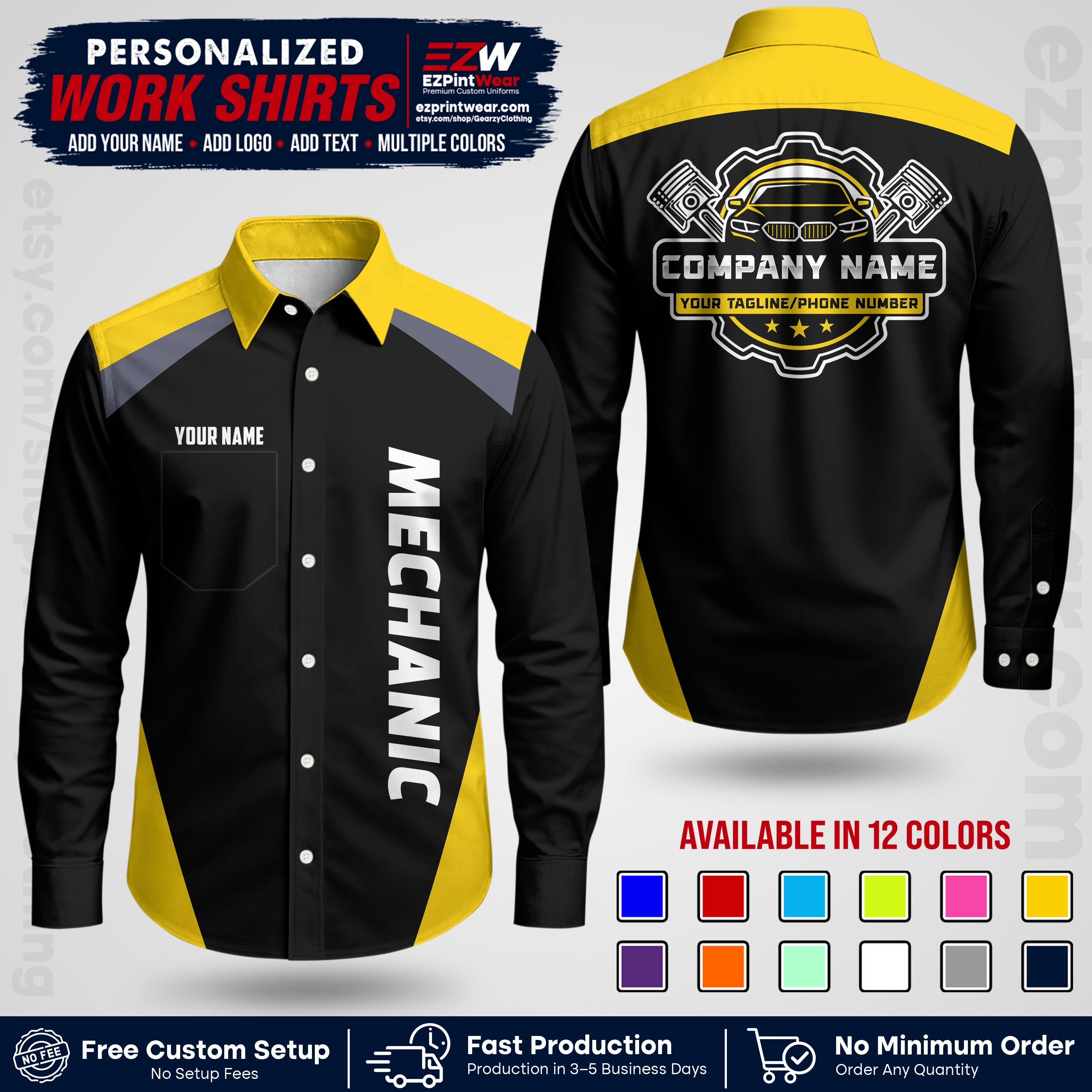 Custom Mechanic Work Shirt with Name, Logo & Text | Auto Shop Uniform | Workwear MCN 02