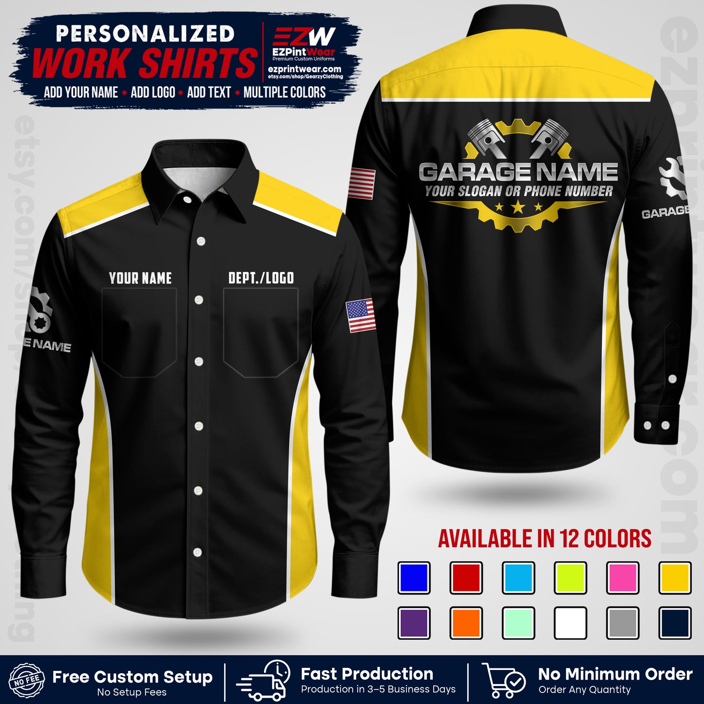 Custom Mechanic Work Shirt with Name, Logo & Text | Auto Shop Uniform | Workwear MCN 07