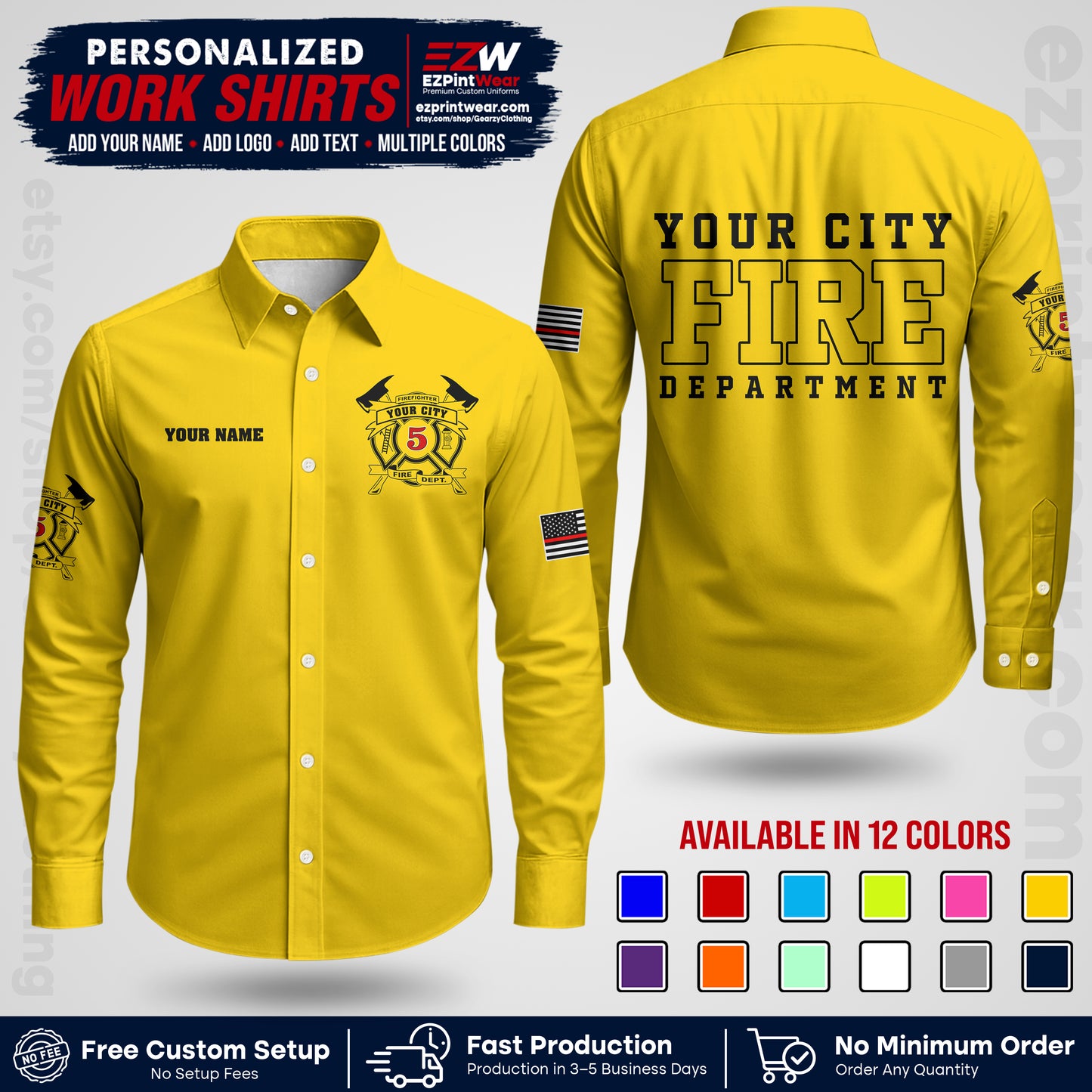 Custom Fire Department Shirt with Name, City Logo & Text | Firefighter Uniform | Button Up Work Shirt FF07