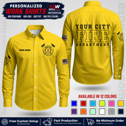 Custom Fire Department Shirt with Name, City Logo & Text | Firefighter Uniform | Button Up Work Shirt FF07