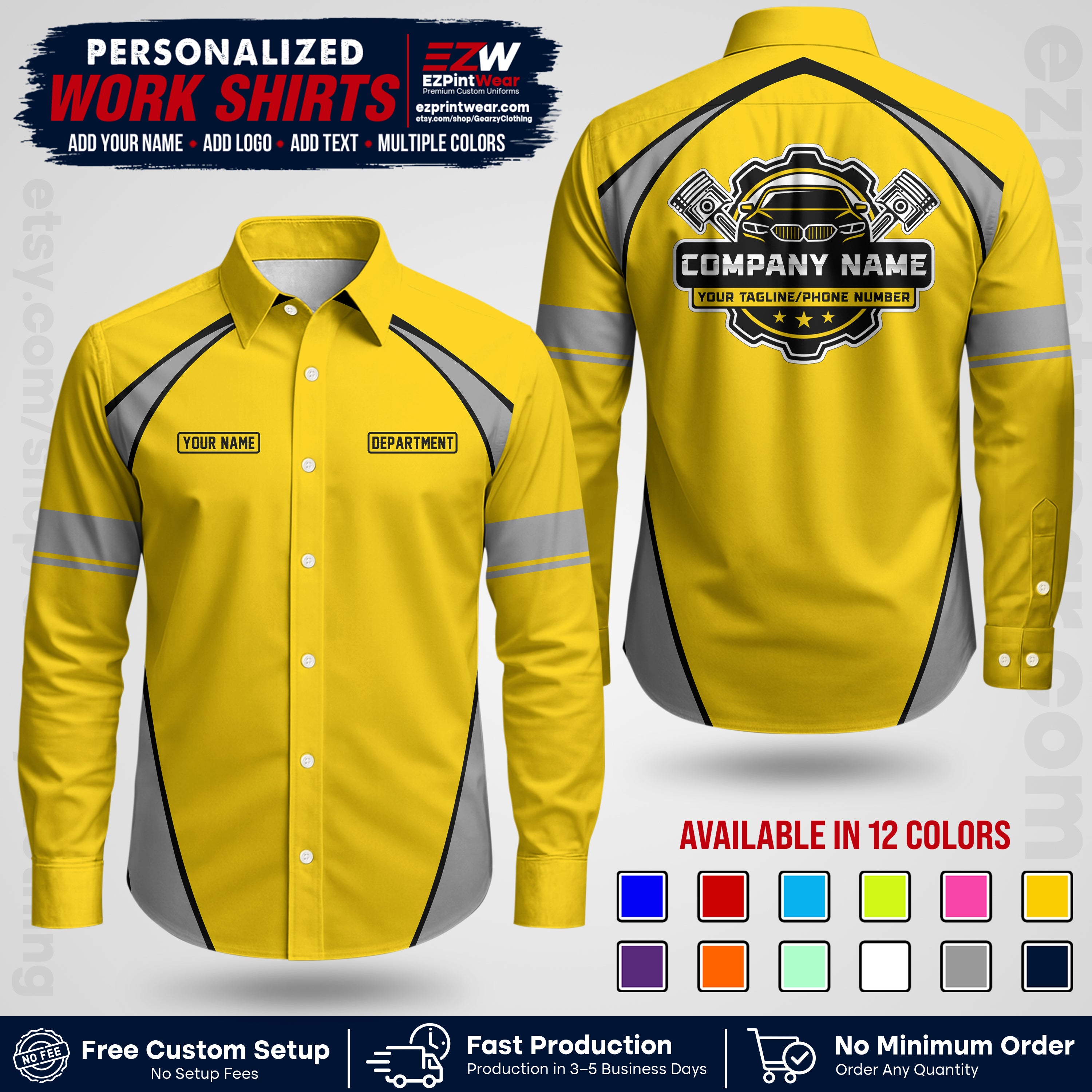 Custom Mechanic Work Shirt with Name, Logo & Text | Auto Shop Uniform | Workwear MCN 09