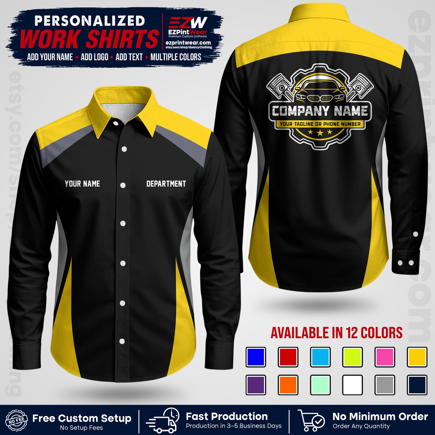 Custom Mechanic Work Shirt with Name, Logo & Text | Auto Shop Uniform | Workwear MCN 08