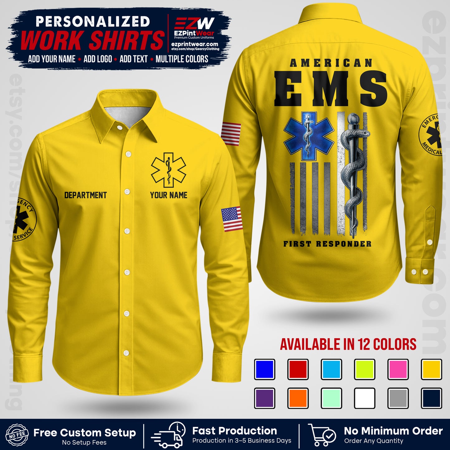 Custom EMS Shirt with Name, Logo & Text | EMS Team Uniform | First Responder Workwear EMSU03