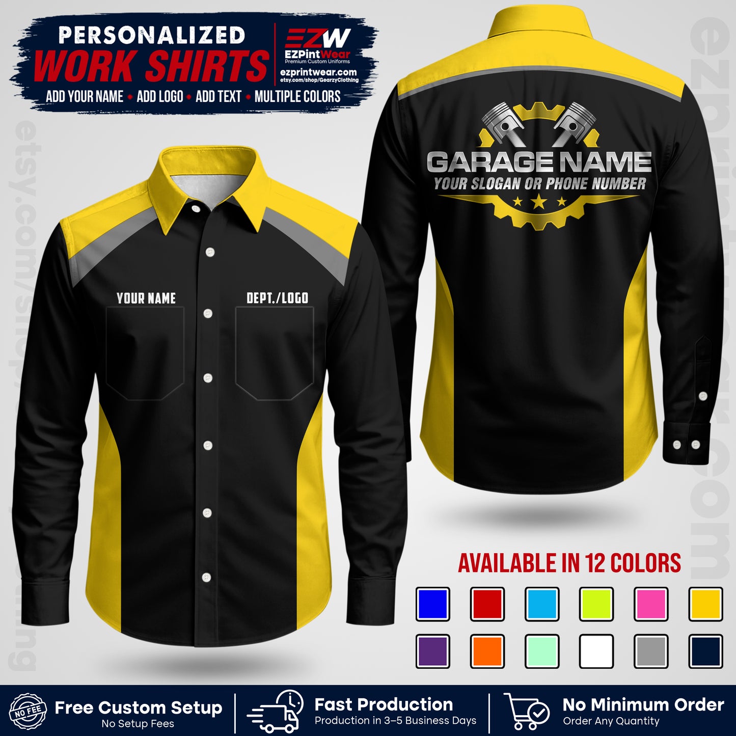 Custom Mechanic Work Shirt with Name, Logo & Text | Auto Shop Uniform | Workwear MCN 06