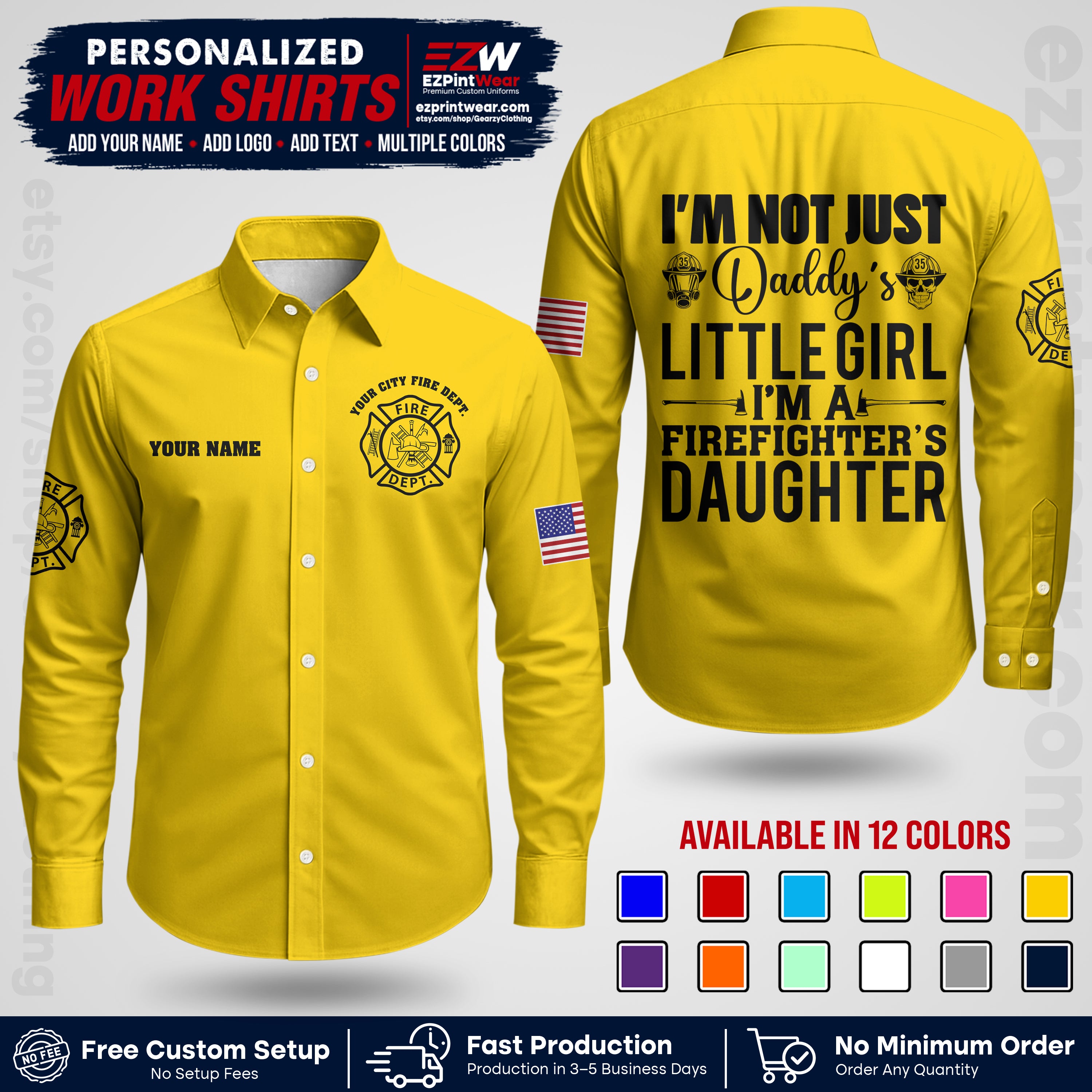 Custom Fire Department Shirt with Name, City Logo & Text | Firefighter Uniform | Button Up Work Shirt FF08
