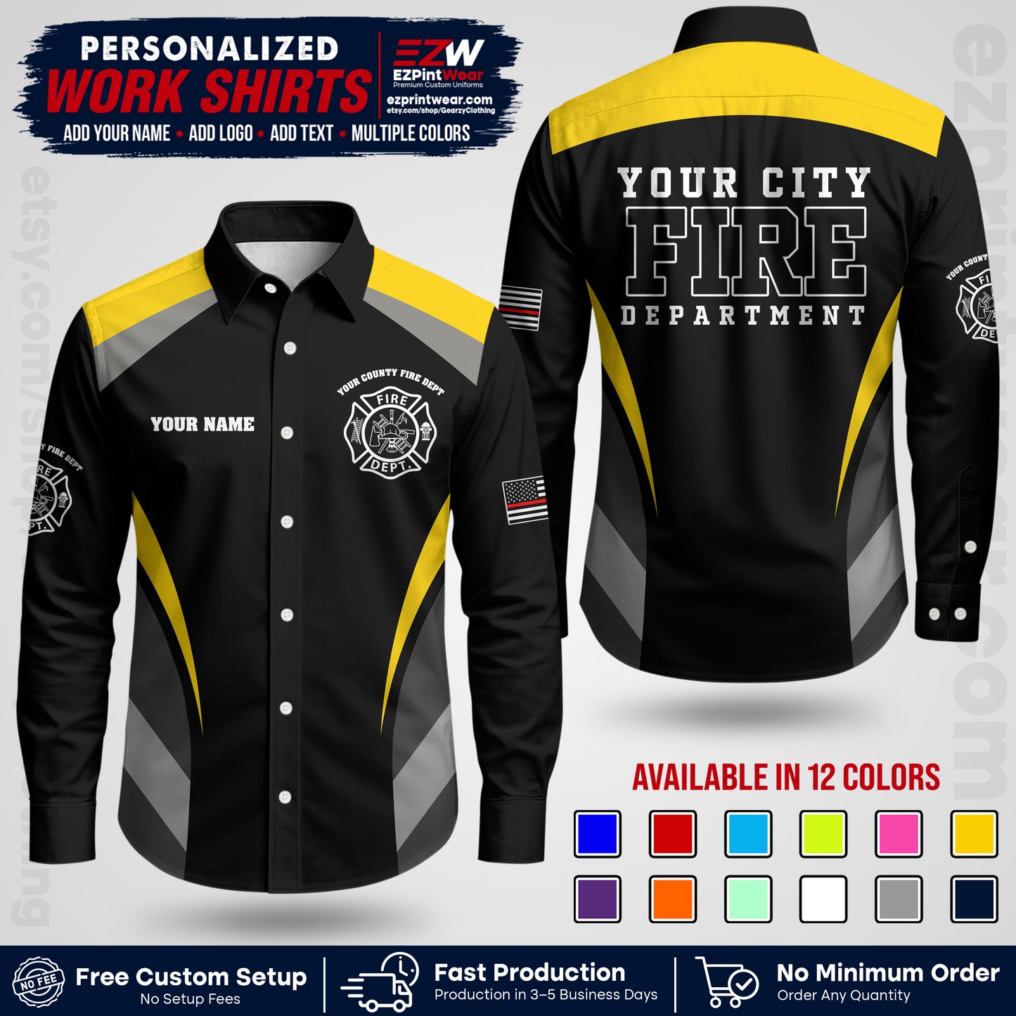 Custom Fire Department Shirt with Name, City Logo & Text | Firefighter Uniform | Button Up Work Shirt FF02