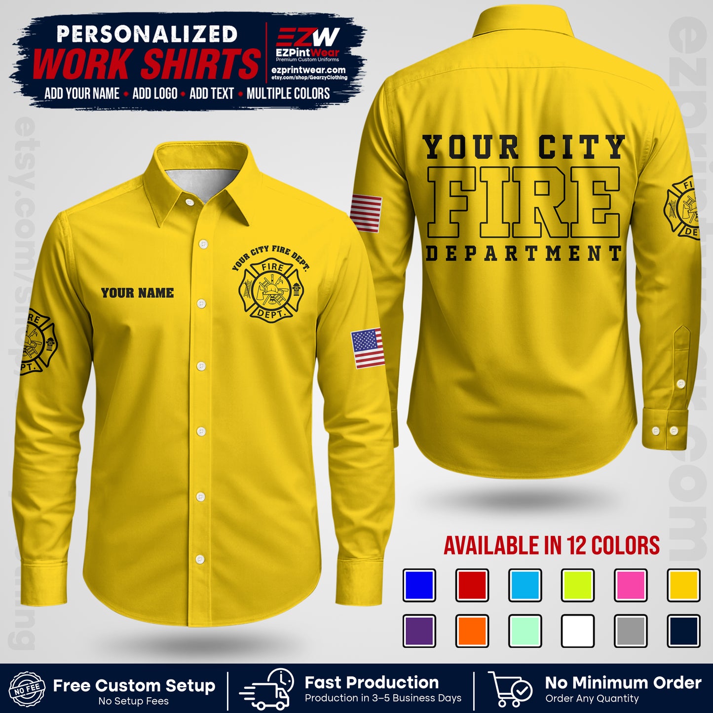 Custom Fire Department Shirt with Name, City Logo & Text | Firefighter Uniform | Button Up Work Shirt FF01