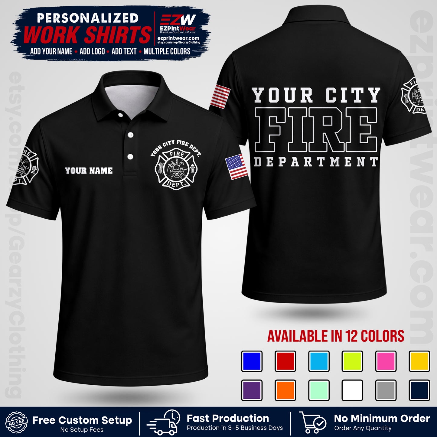 Custom Fire Department Shirt with Name, City Logo & Text | Firefighter Uniform | Button Up Work Shirt FF01