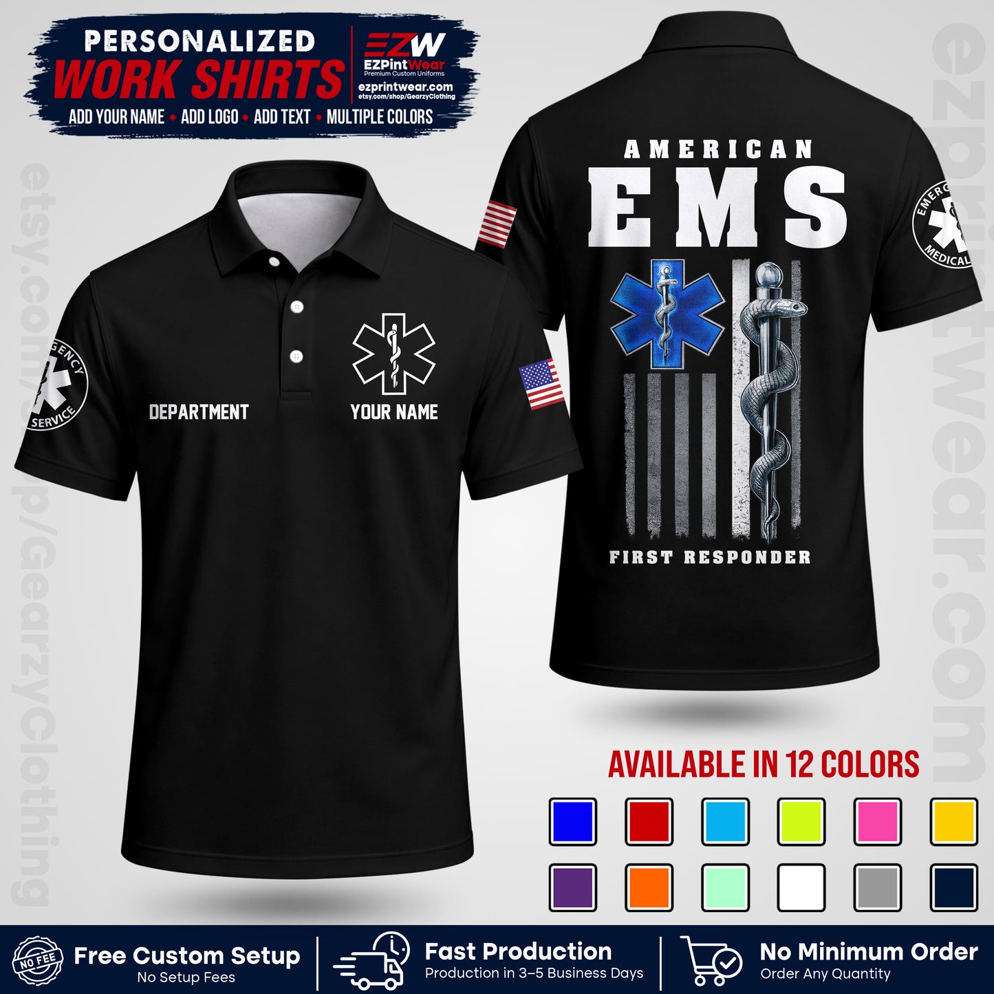 Custom EMS Shirt with Name, Logo & Text | EMS Team Uniform | First Responder Workwear EMSU03