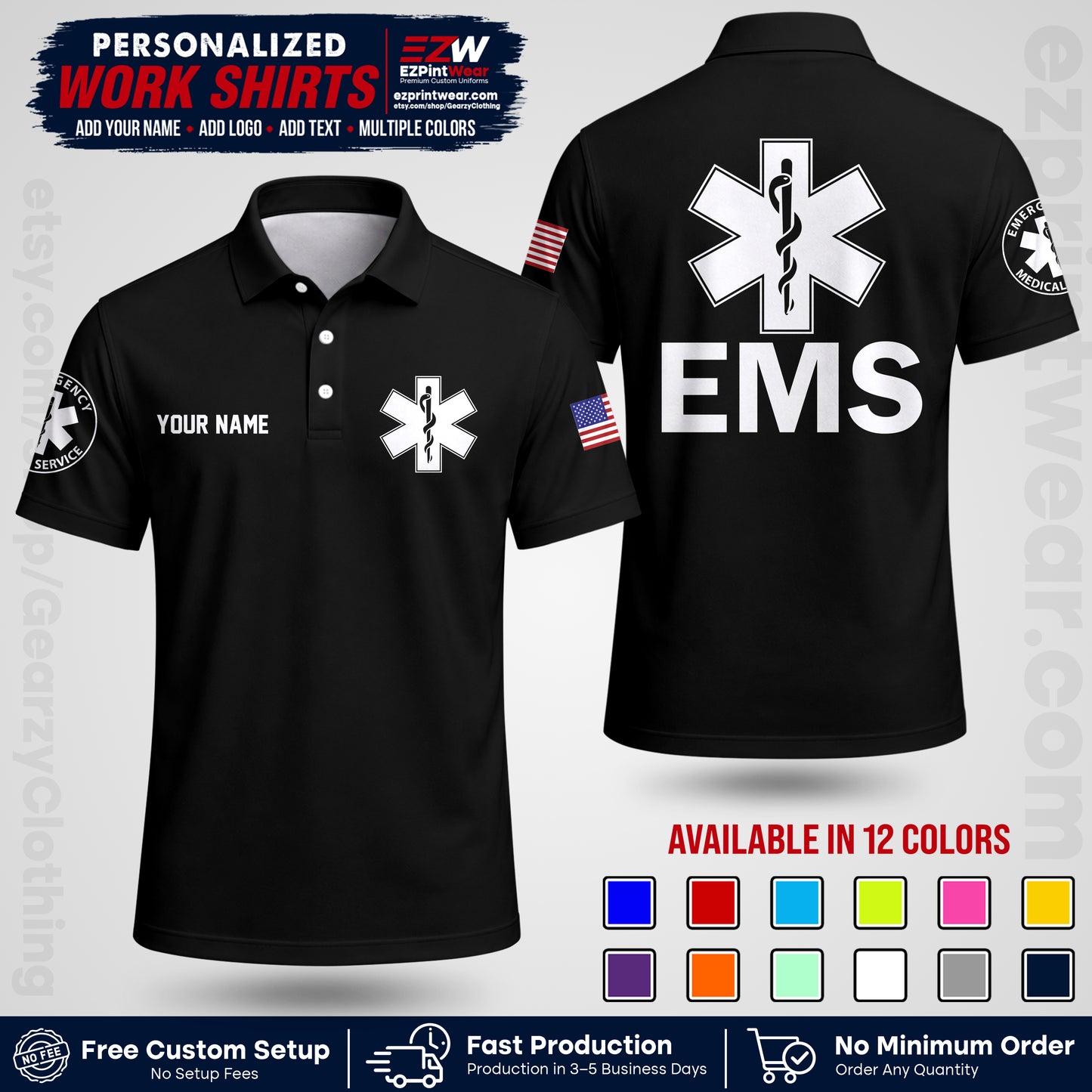 Custom EMS Shirt with Name, Logo & Text | EMS Team Uniform | First Responder Workwear EMSU02