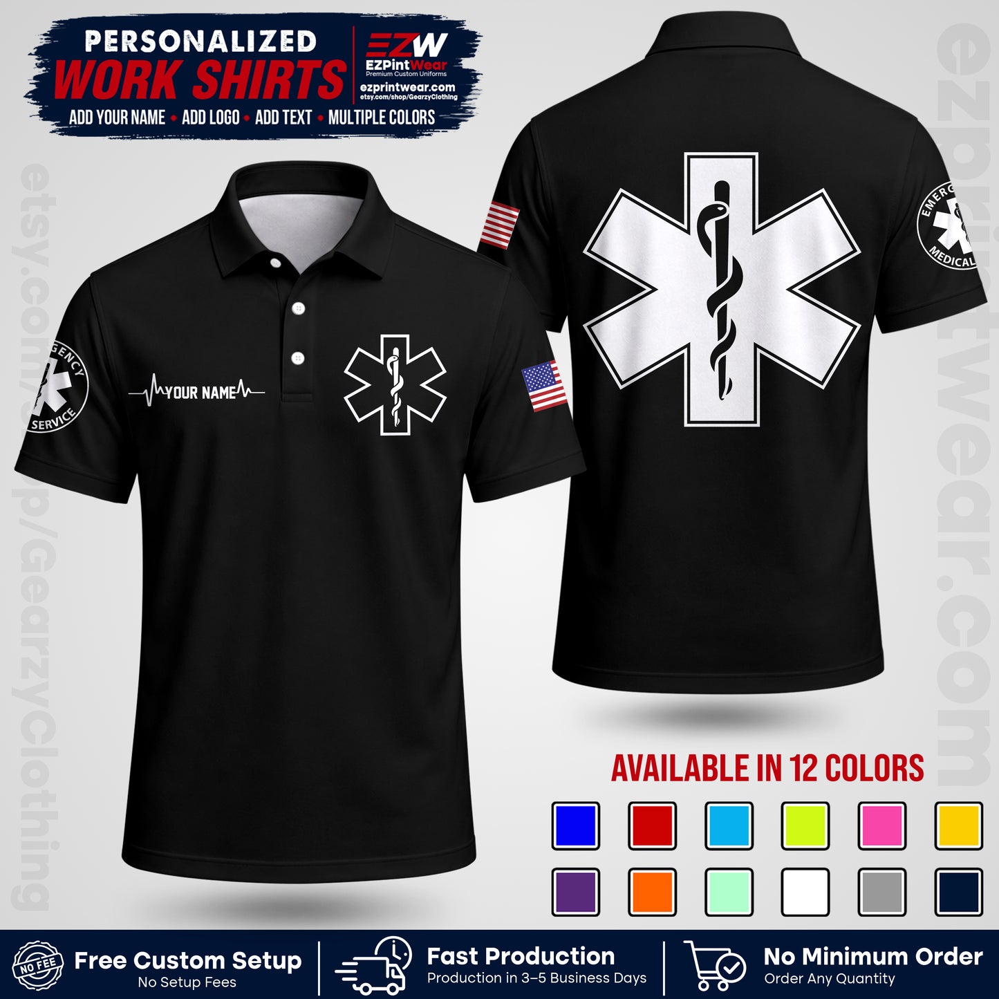 Custom EMS Shirt with Name, Logo & Text | EMS Team Uniform | First Responder Workwear EMSU04