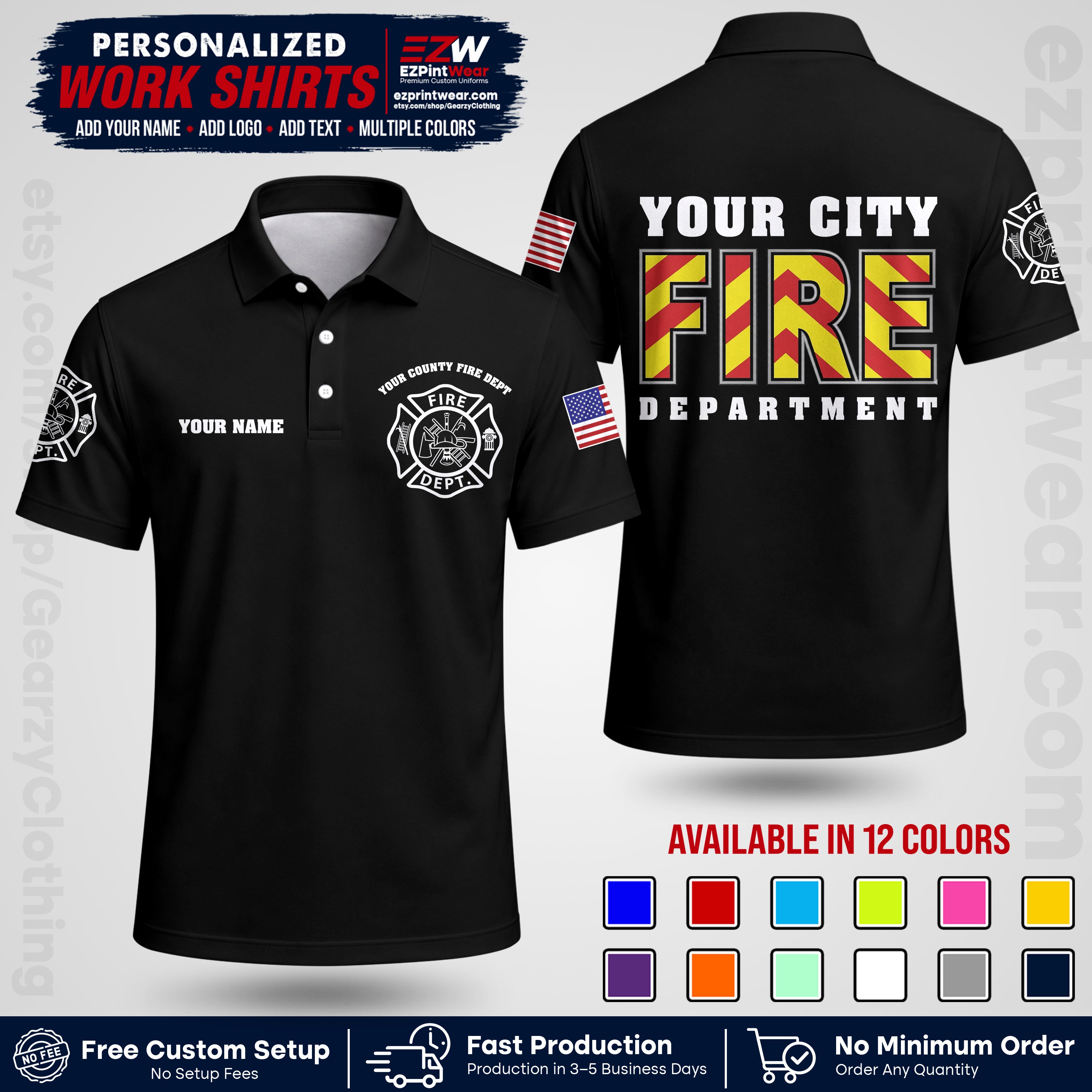 Custom Fire Department Shirt with Name, City Logo & Text | Firefighter Uniform | Button Up Work Shirt FF05