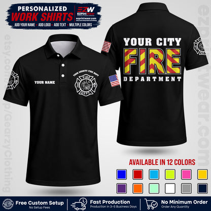 Custom Fire Department Shirt with Name, City Logo & Text | Firefighter Uniform | Button Up Work Shirt FF05