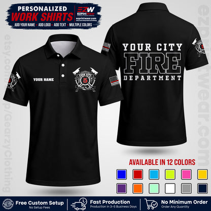 Custom Fire Department Shirt with Name, City Logo & Text | Firefighter Uniform | Button Up Work Shirt FF07