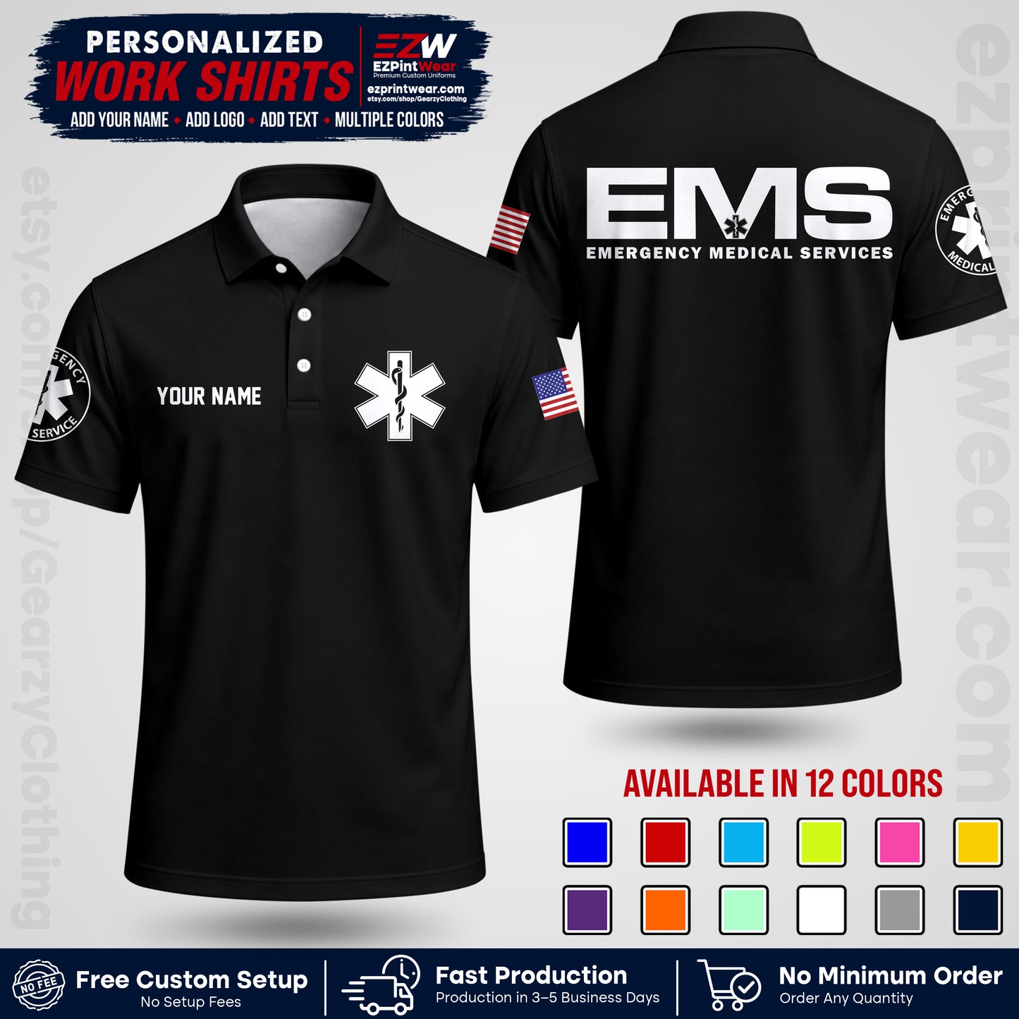 Custom EMS Shirt with Name, Logo & Text | EMS Team Uniform | First Responder Workwear EMSU01