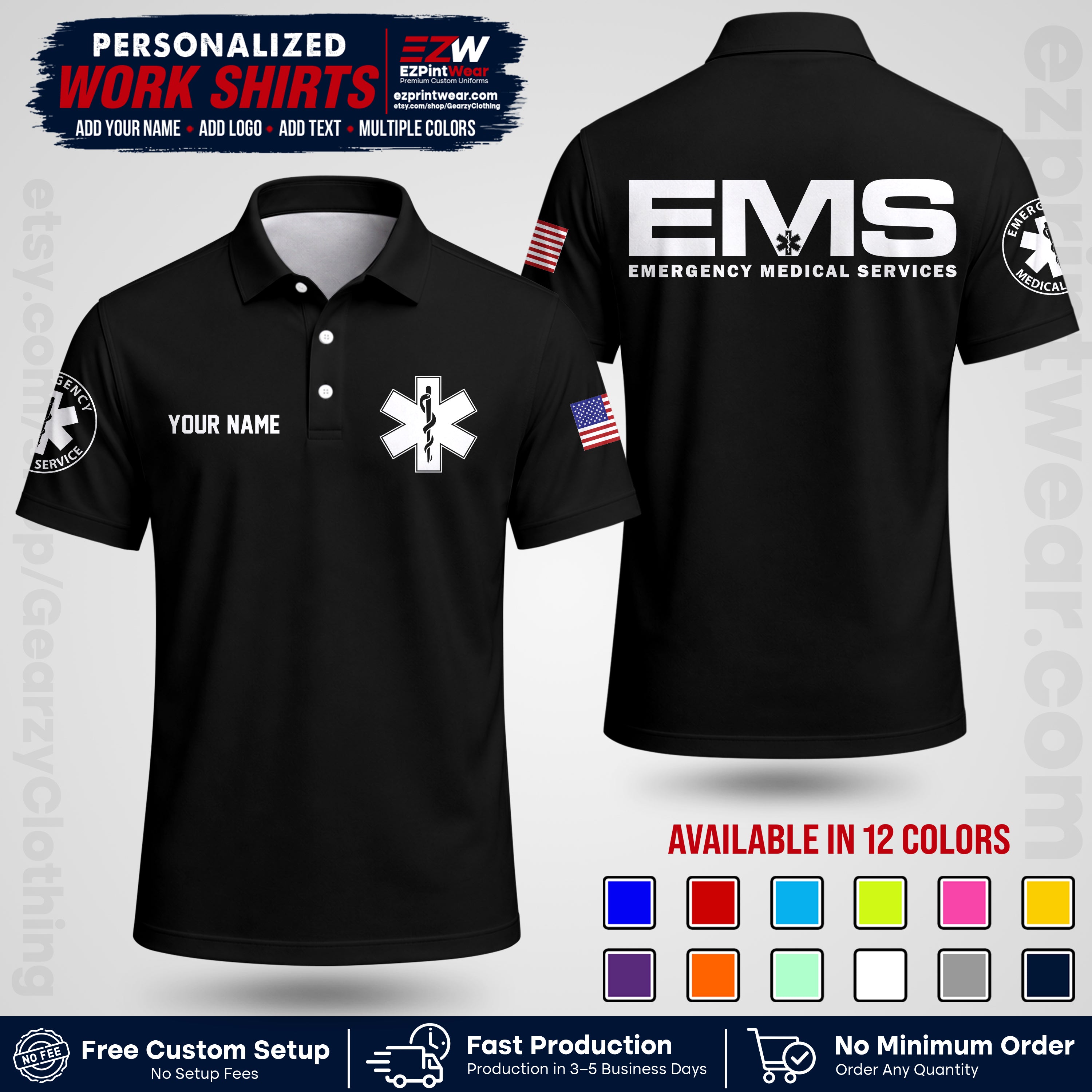 Custom EMS Shirt with Name, Logo & Text | EMS Team Uniform | First Responder Workwear EMSU01