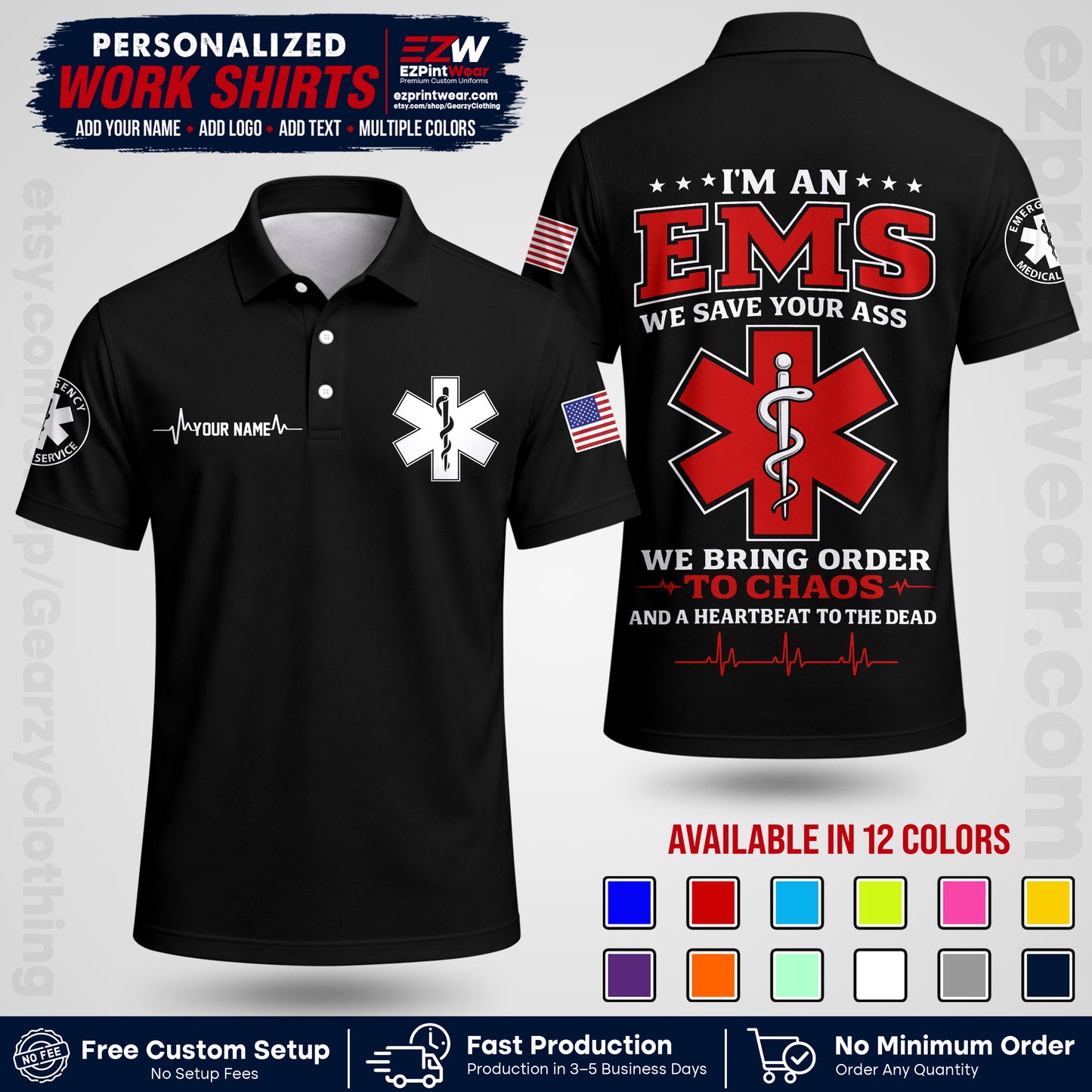 Custom EMS Shirt with Name, Logo & Text | EMS Team Uniform | First Responder Workwear EMSU05
