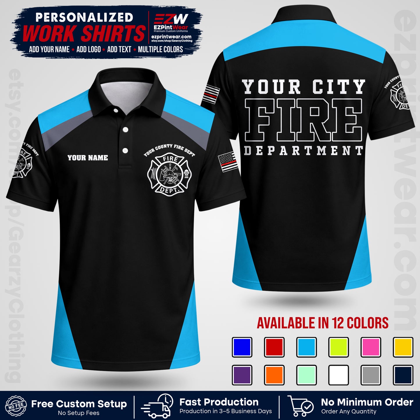 Custom Fire Department Shirt with Name, City Logo & Text | Firefighter Uniform | Button Up Work Shirt FF04