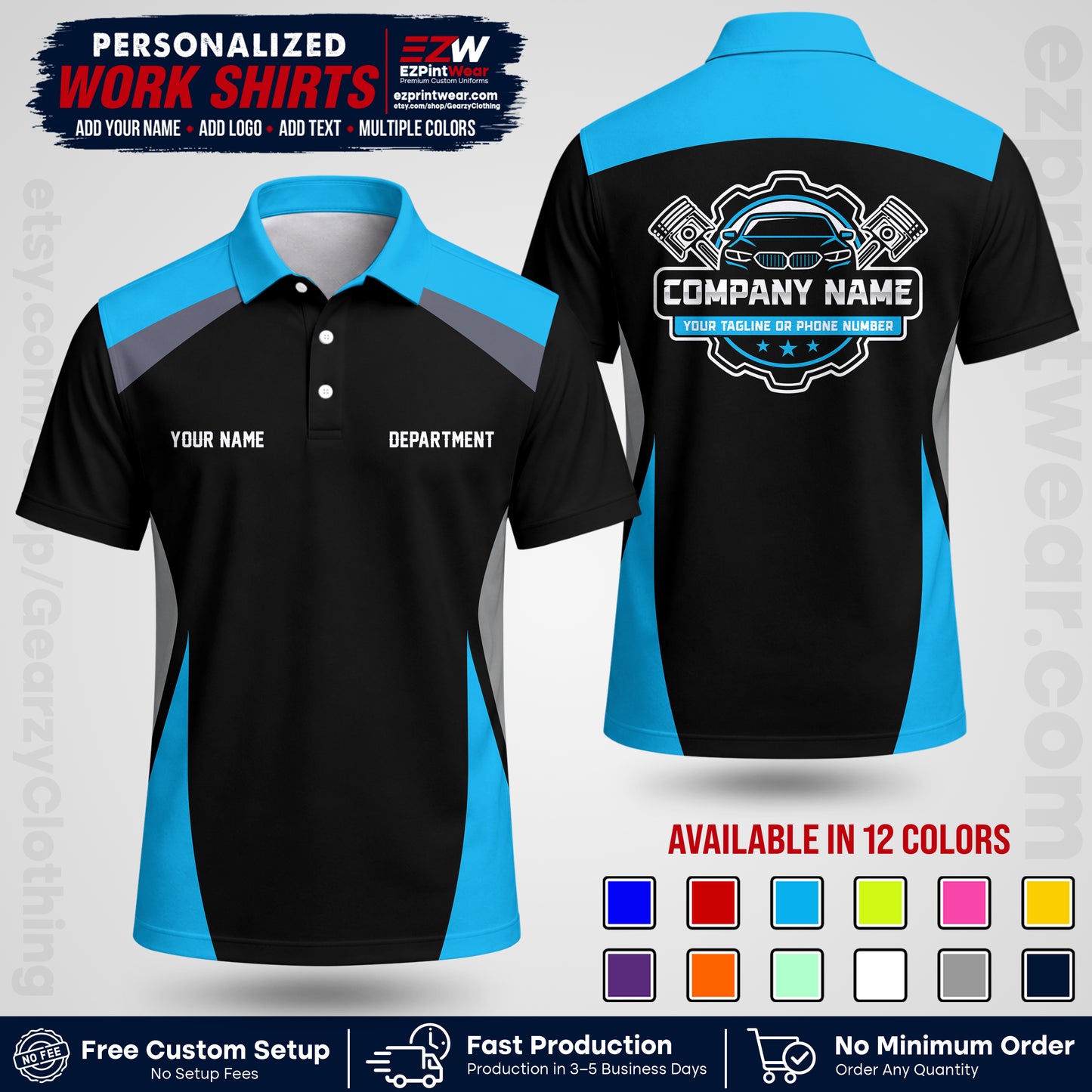 Custom Mechanic Work Shirt with Name, Logo & Text | Auto Shop Uniform | Workwear MCN 08