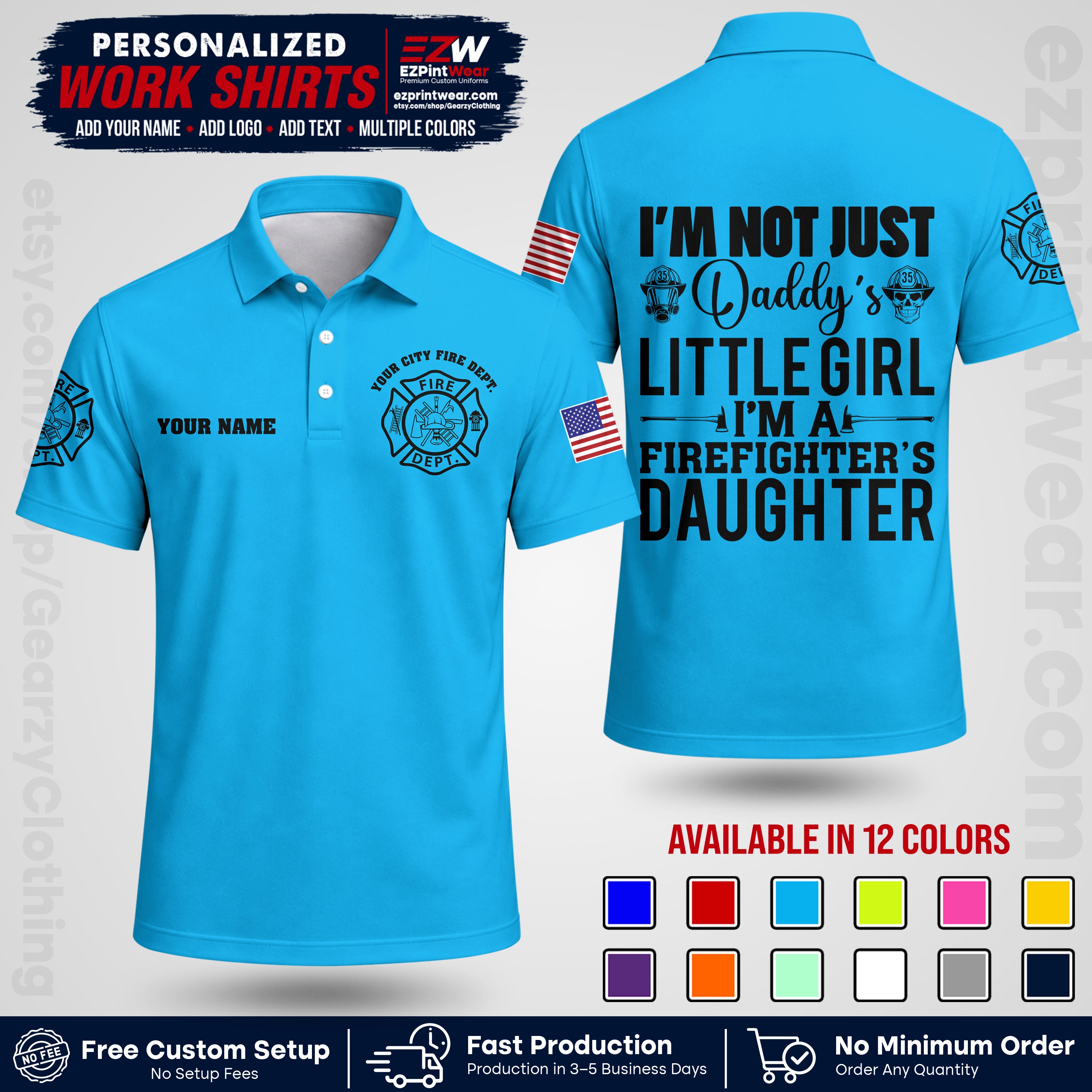 Custom Fire Department Shirt with Name, City Logo & Text | Firefighter Uniform | Button Up Work Shirt FF08