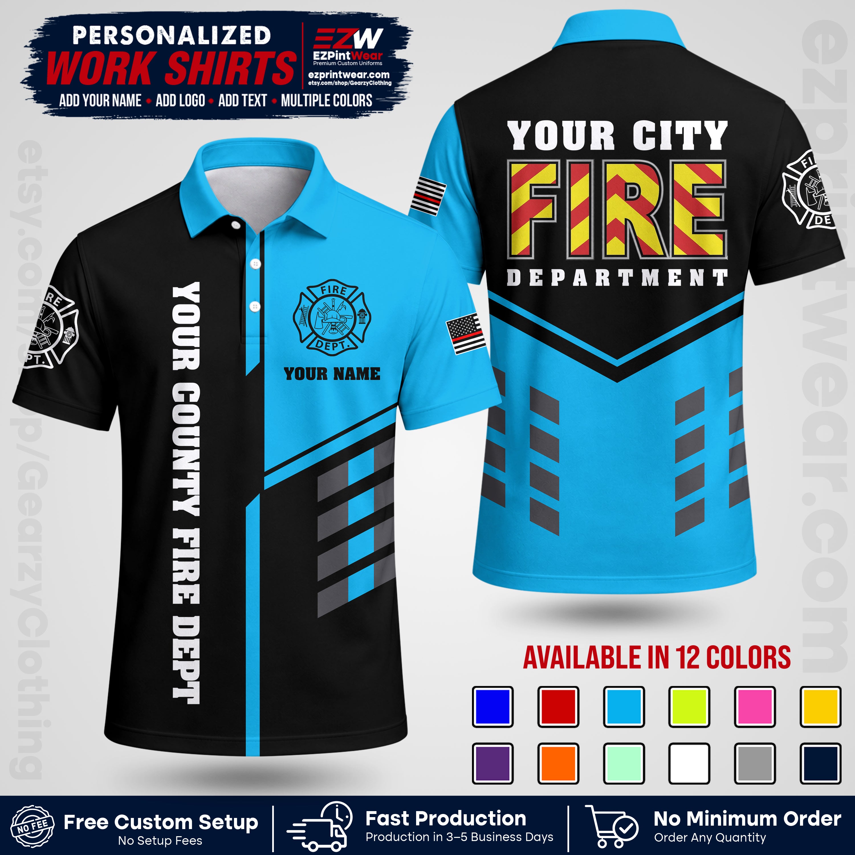 Custom Fire Department Shirt with Name, City Logo & Text | Firefighter Uniform | Button Up Work Shirt FF06