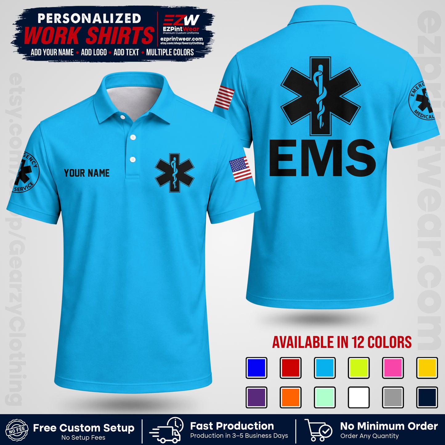 Custom EMS Shirt with Name, Logo & Text | EMS Team Uniform | First Responder Workwear EMSU02