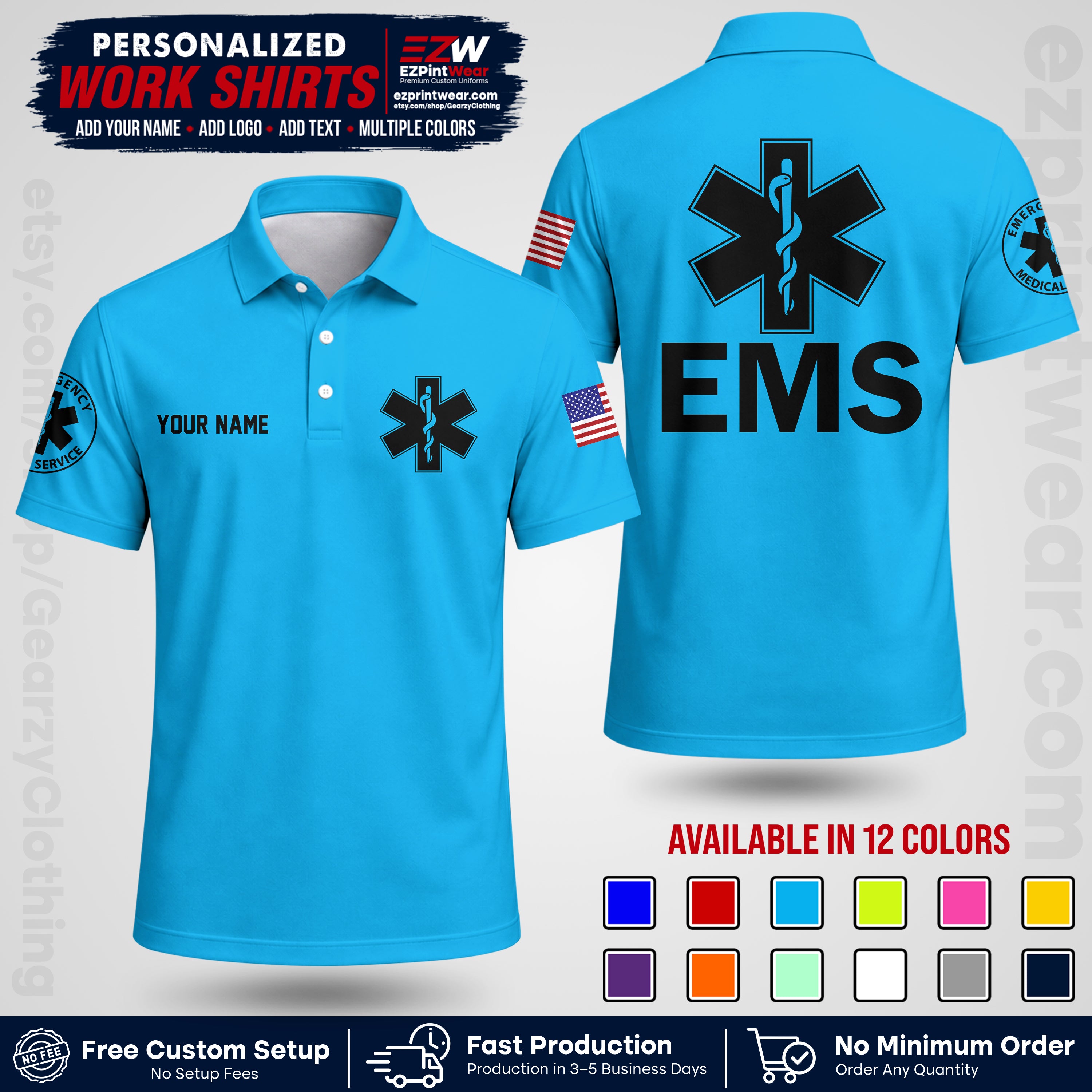 Custom EMS Shirt with Name, Logo & Text | EMS Team Uniform | First Responder Workwear EMSU02
