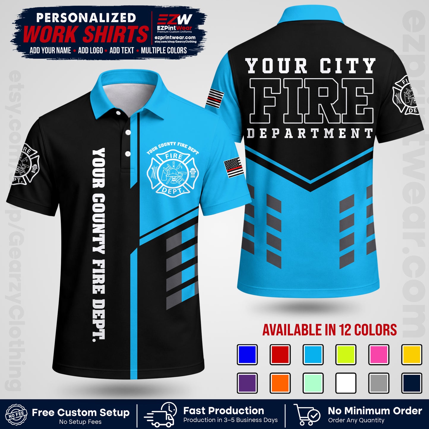Custom Fire Department Shirt with Name, City Logo & Text | Firefighter Uniform | Button Up Work Shirt FF03