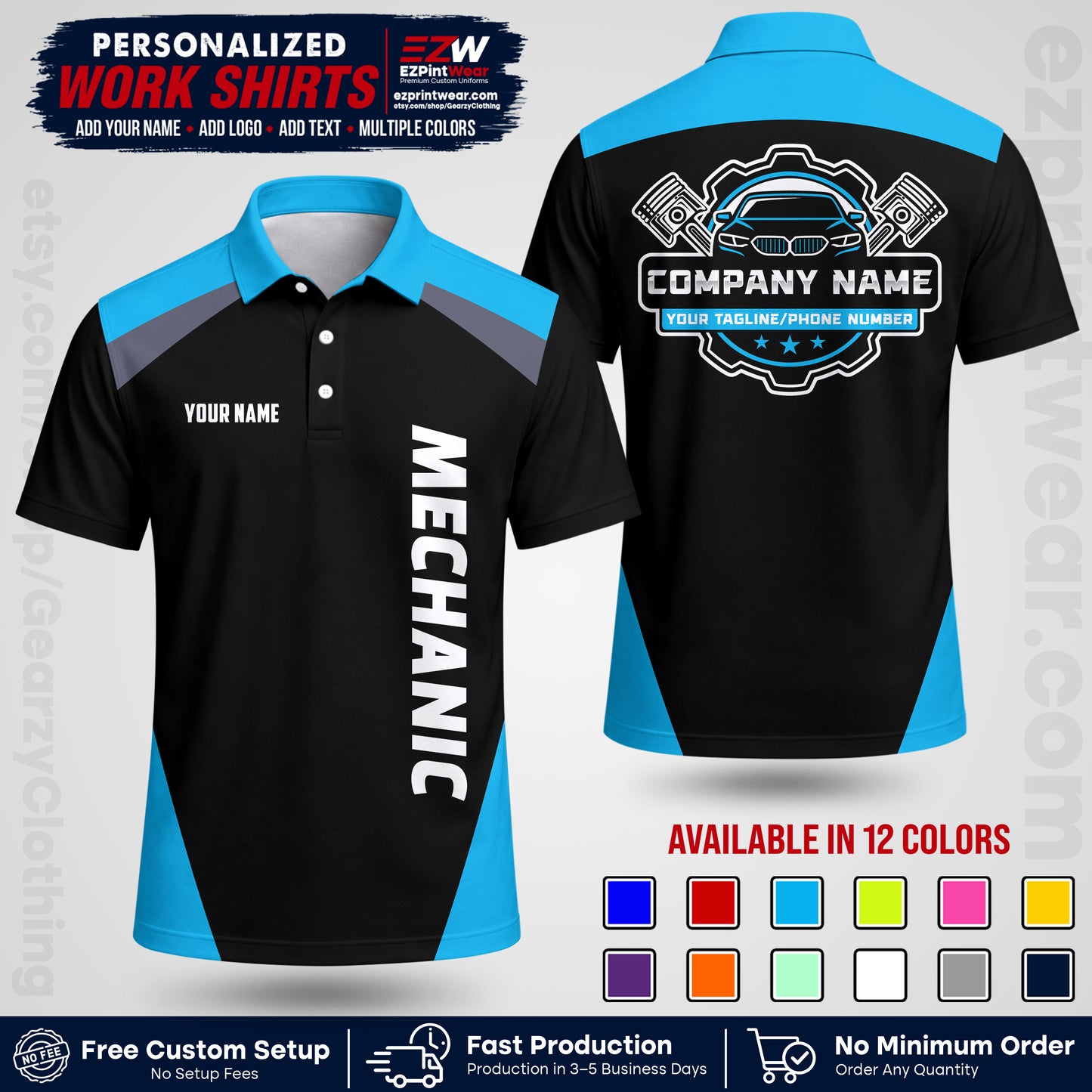 Custom Mechanic Work Shirt with Name, Logo & Text | Auto Shop Uniform | Workwear MCN 02