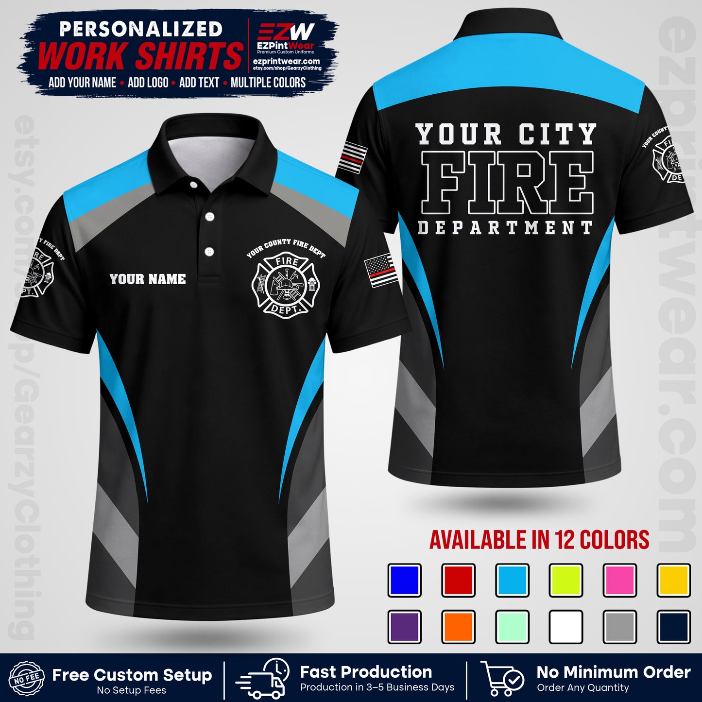 Custom Fire Department Shirt with Name, City Logo & Text | Firefighter Uniform | Button Up Work Shirt FF02